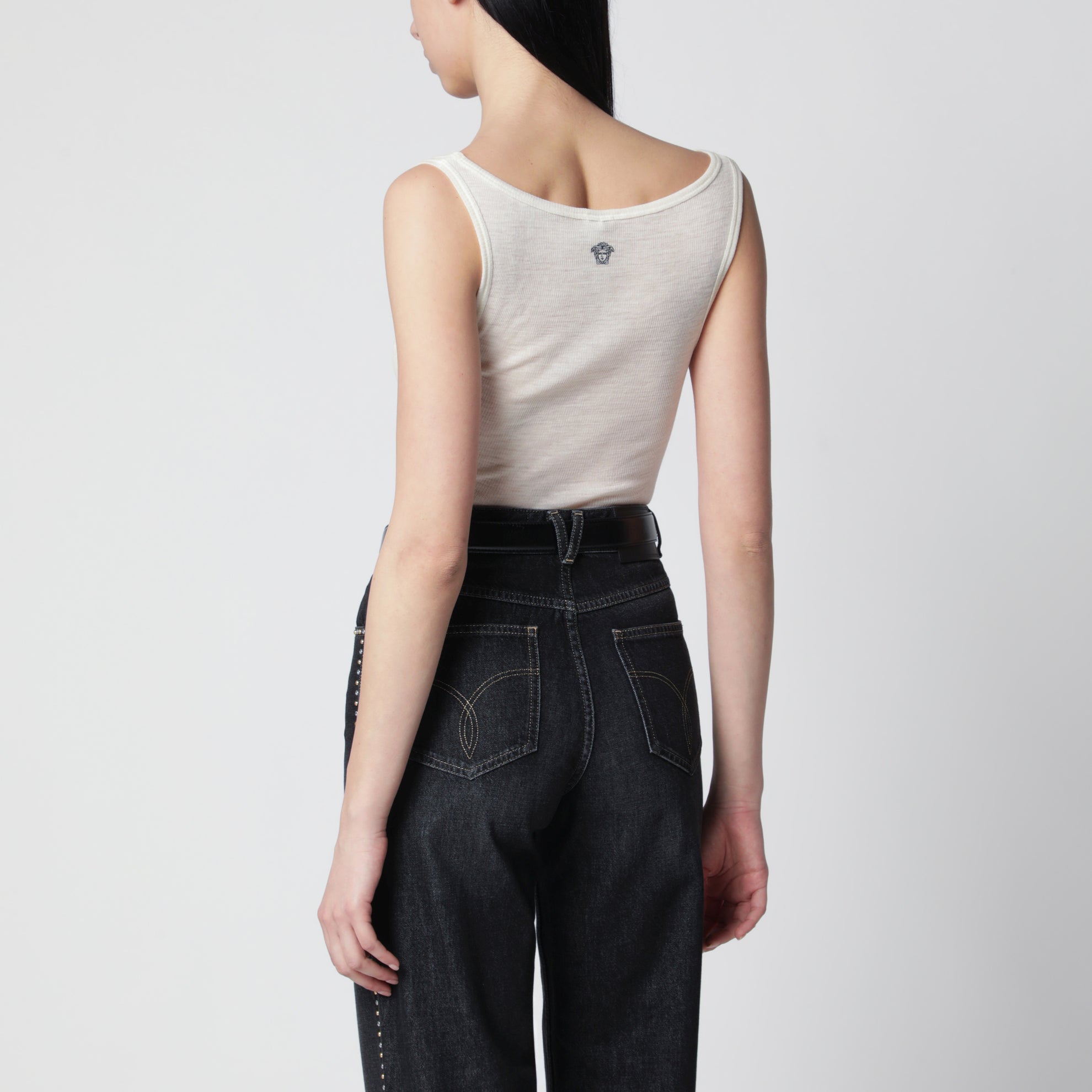 Cremefarbenes Woll-Tanktop mit Logo-Stickerei