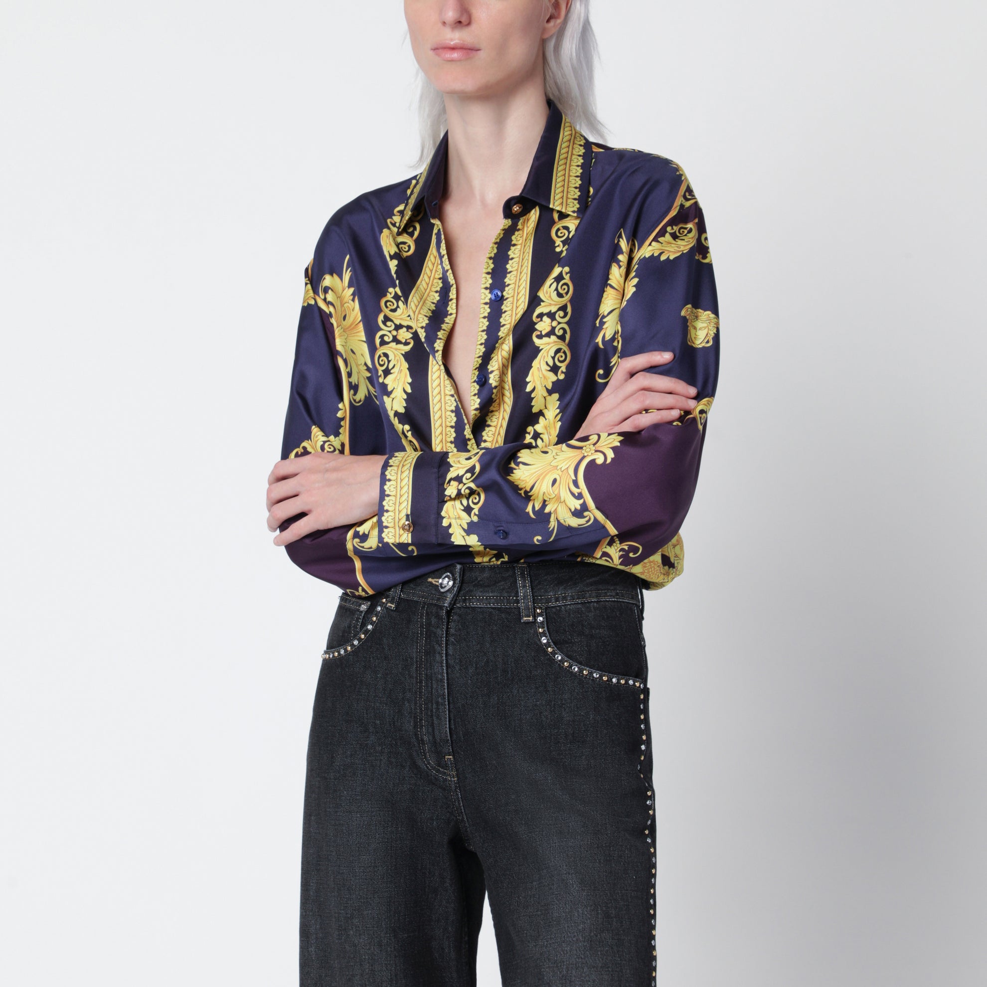 Camicia New Barocco blu in twill di seta