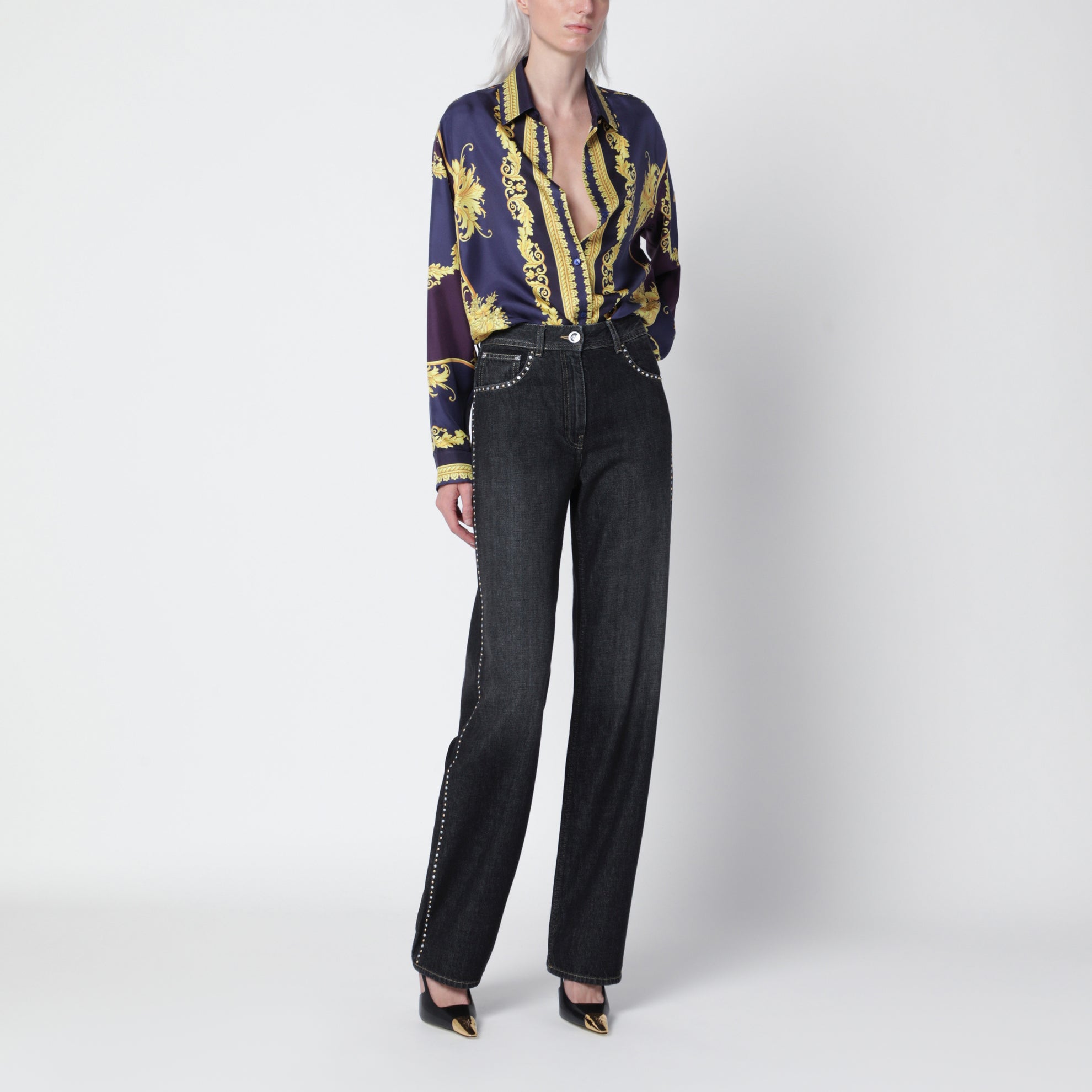Camicia New Barocco blu in twill di seta
