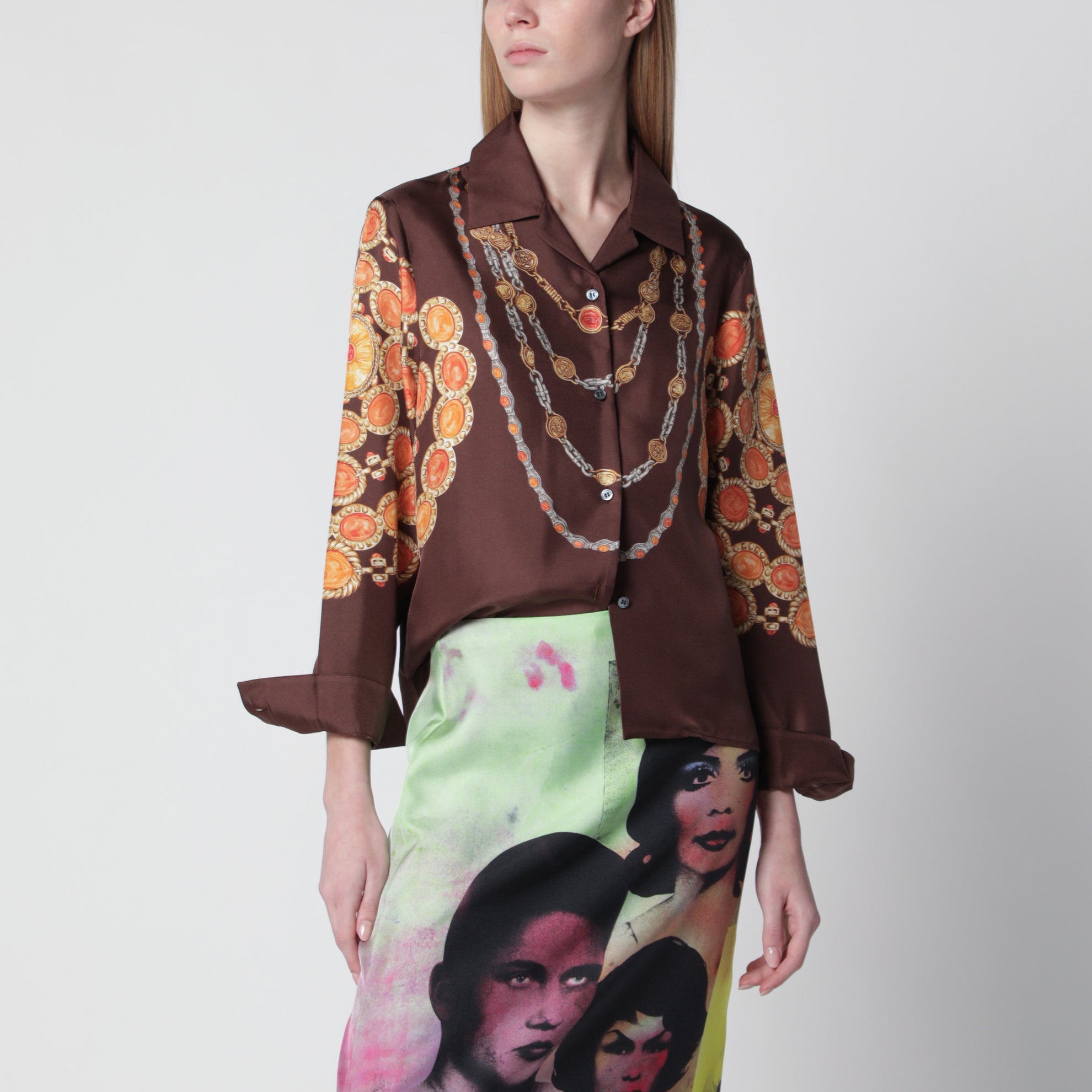 Camicia marrone in twill di seta stampata