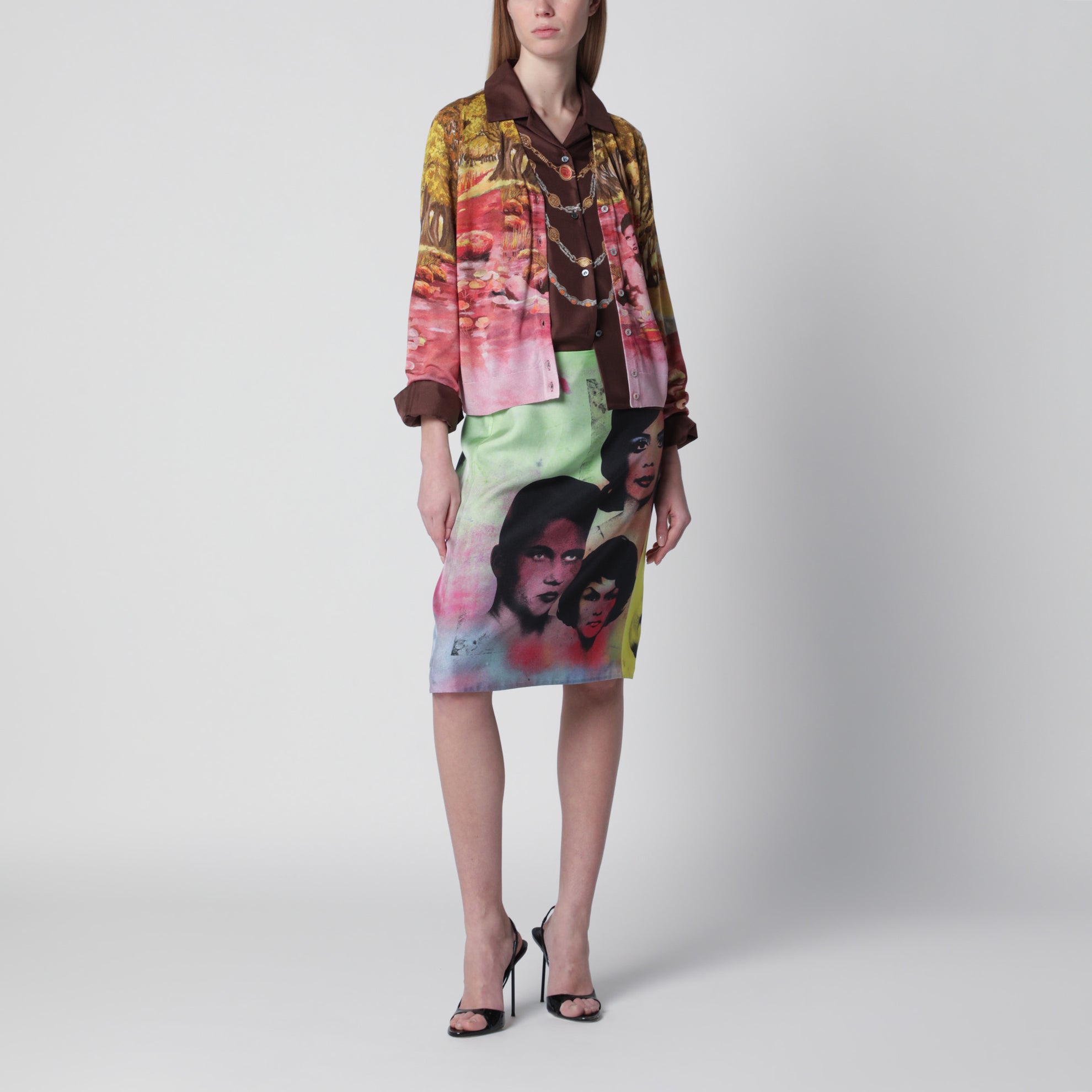 Camicia marrone in twill di seta stampata