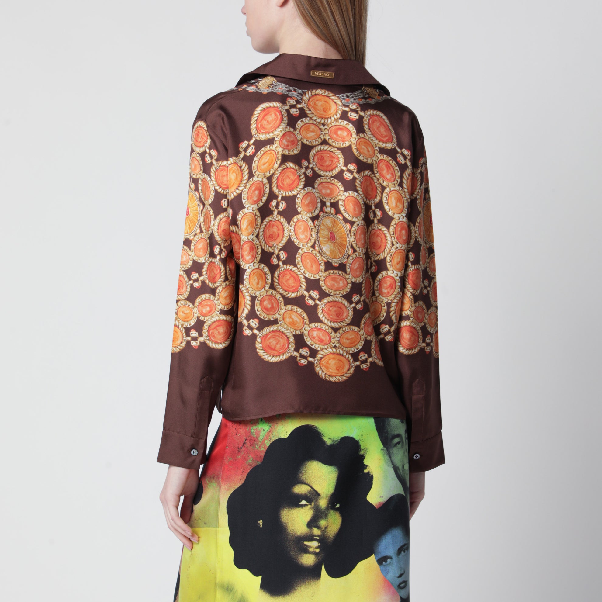 Camicia marrone in twill di seta stampata