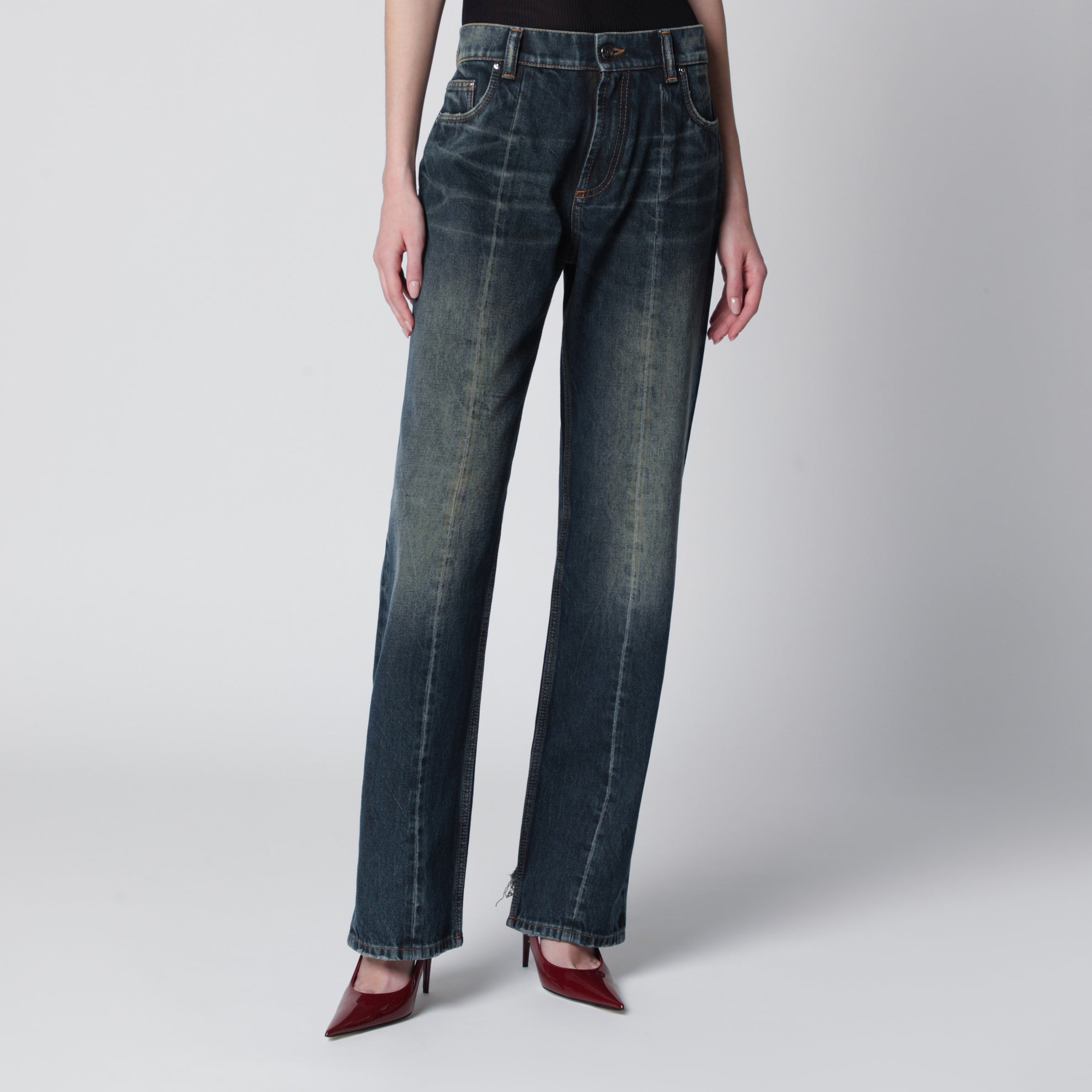 Jean en coton délavé en denim bleu foncé