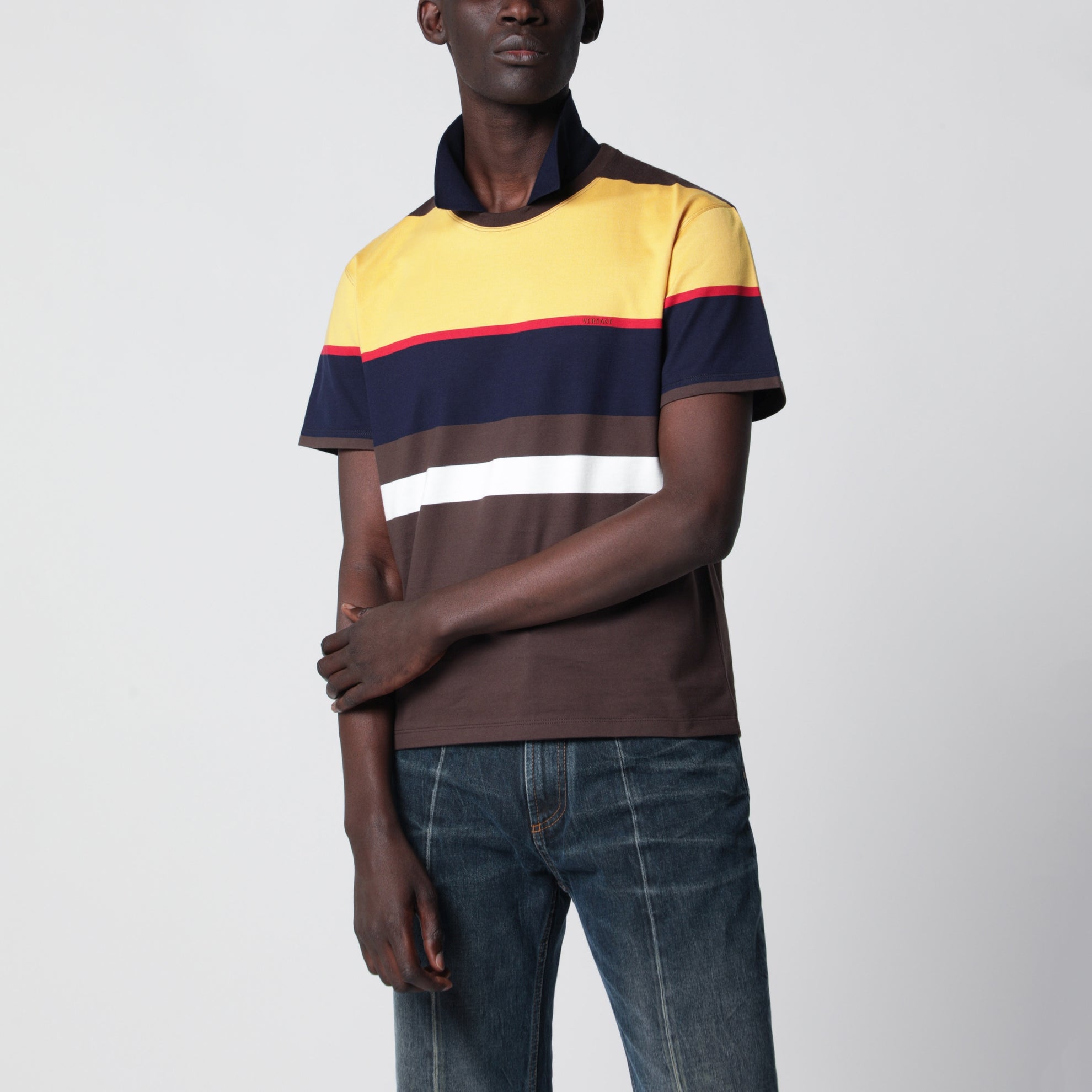 T-shirt polo a righe color-block in cotone