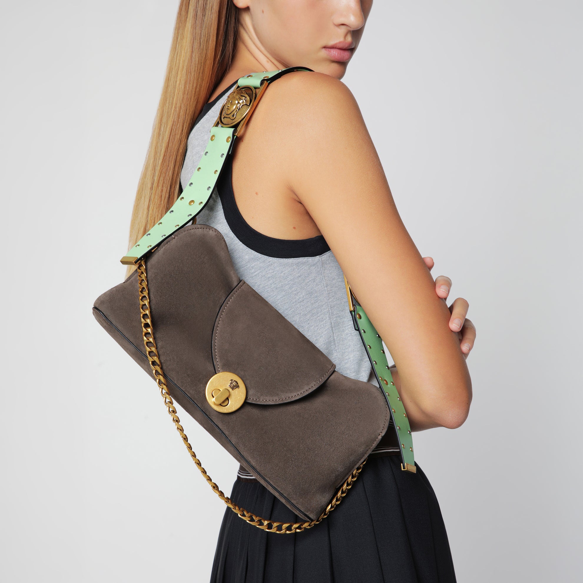 Pochette Vivian en croûte de daim taupe/menthe