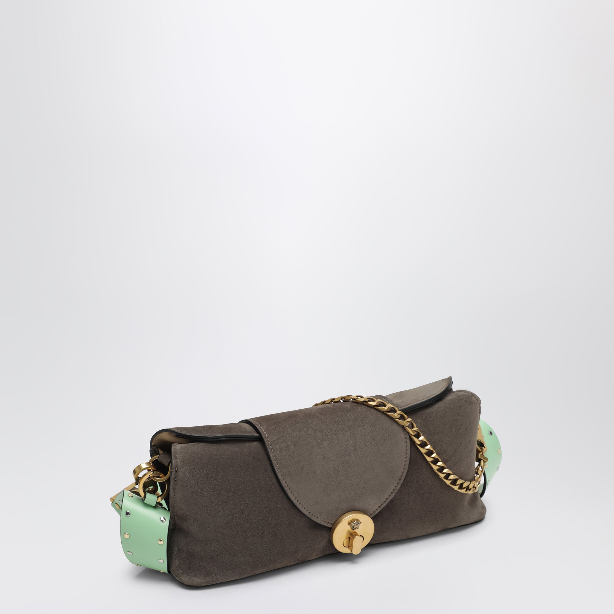 Pochette Vivian en croûte de daim taupe/menthe