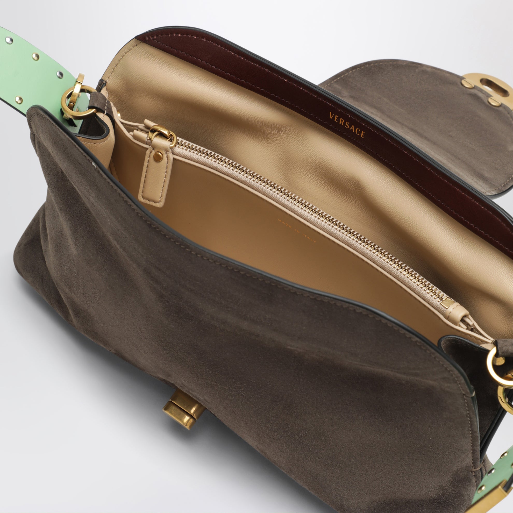 Pochette Vivian en croûte de daim taupe/menthe
