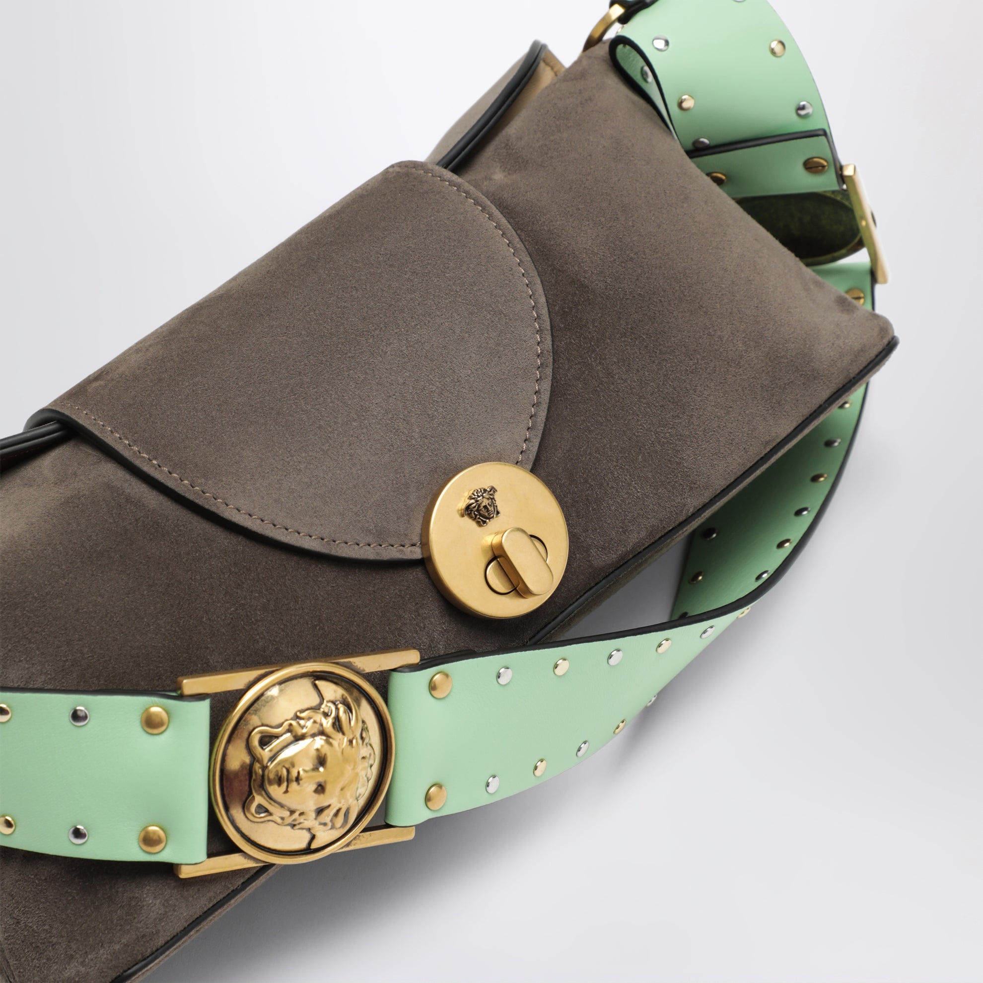 Pochette Vivian en croûte de daim taupe/menthe