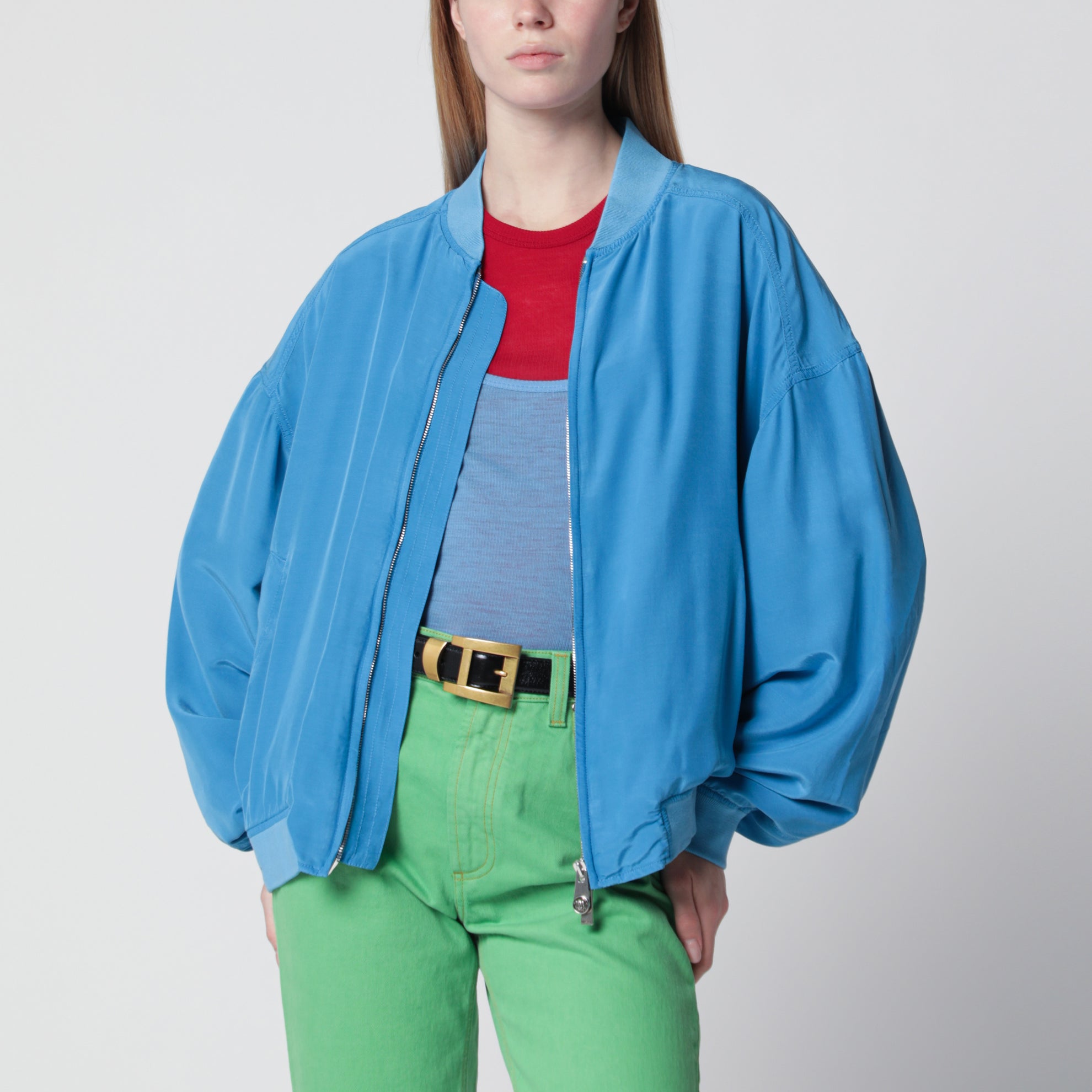 Blouson con zip azzurro in popeline di seta