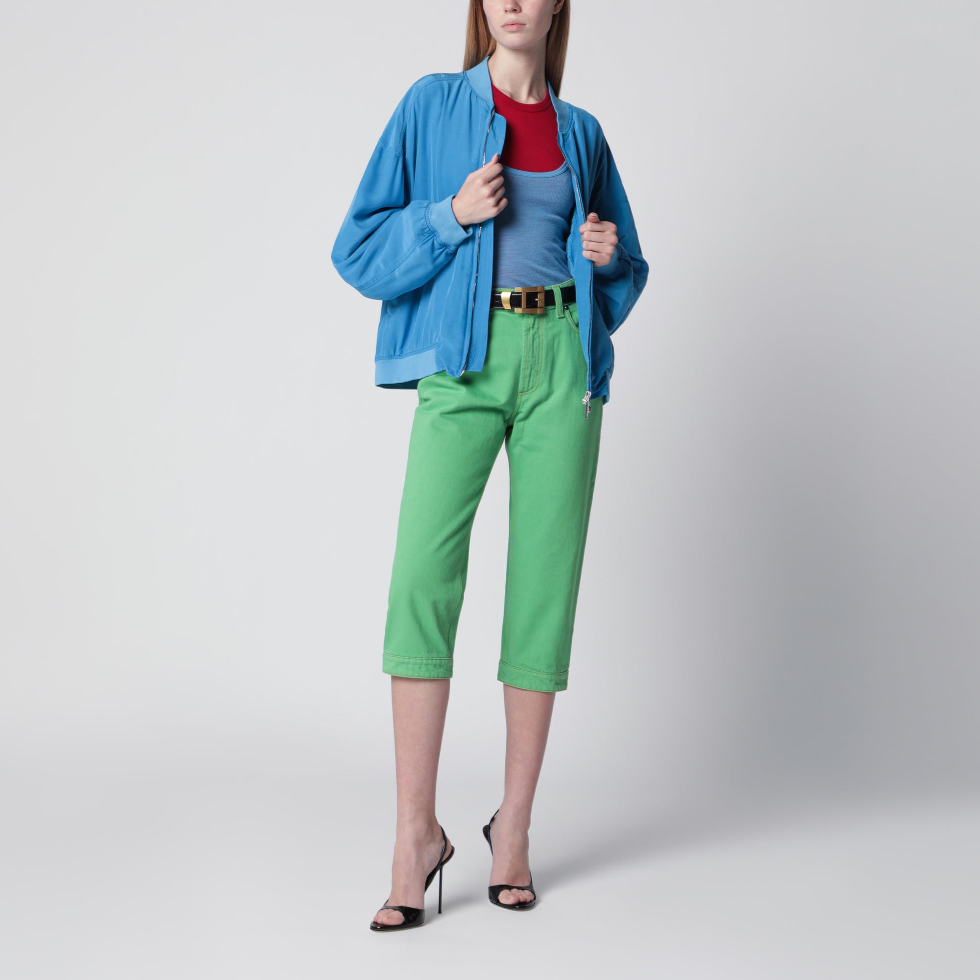 Blouson con zip azzurro in popeline di seta