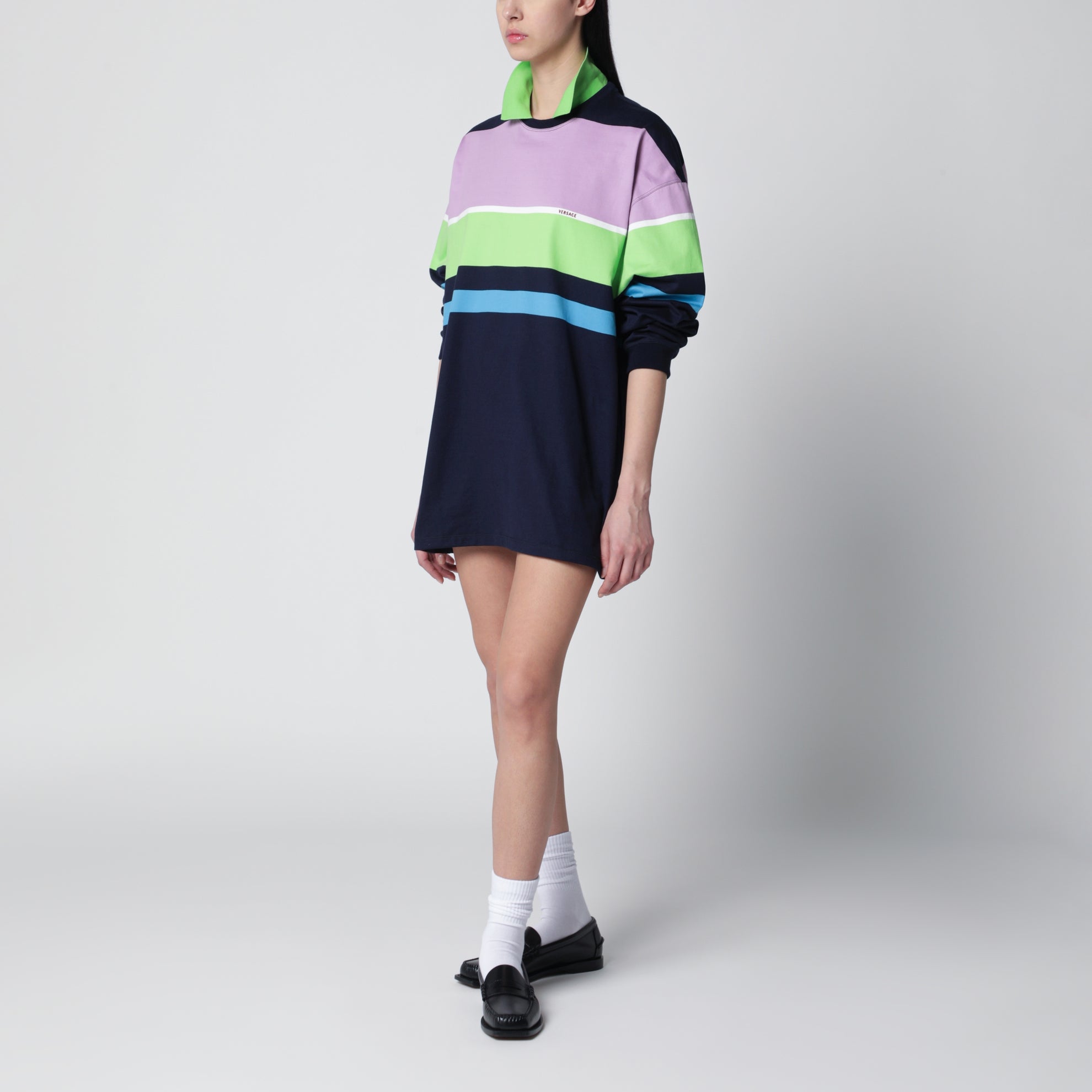Color-block striped long-sleeve cotton mini dress