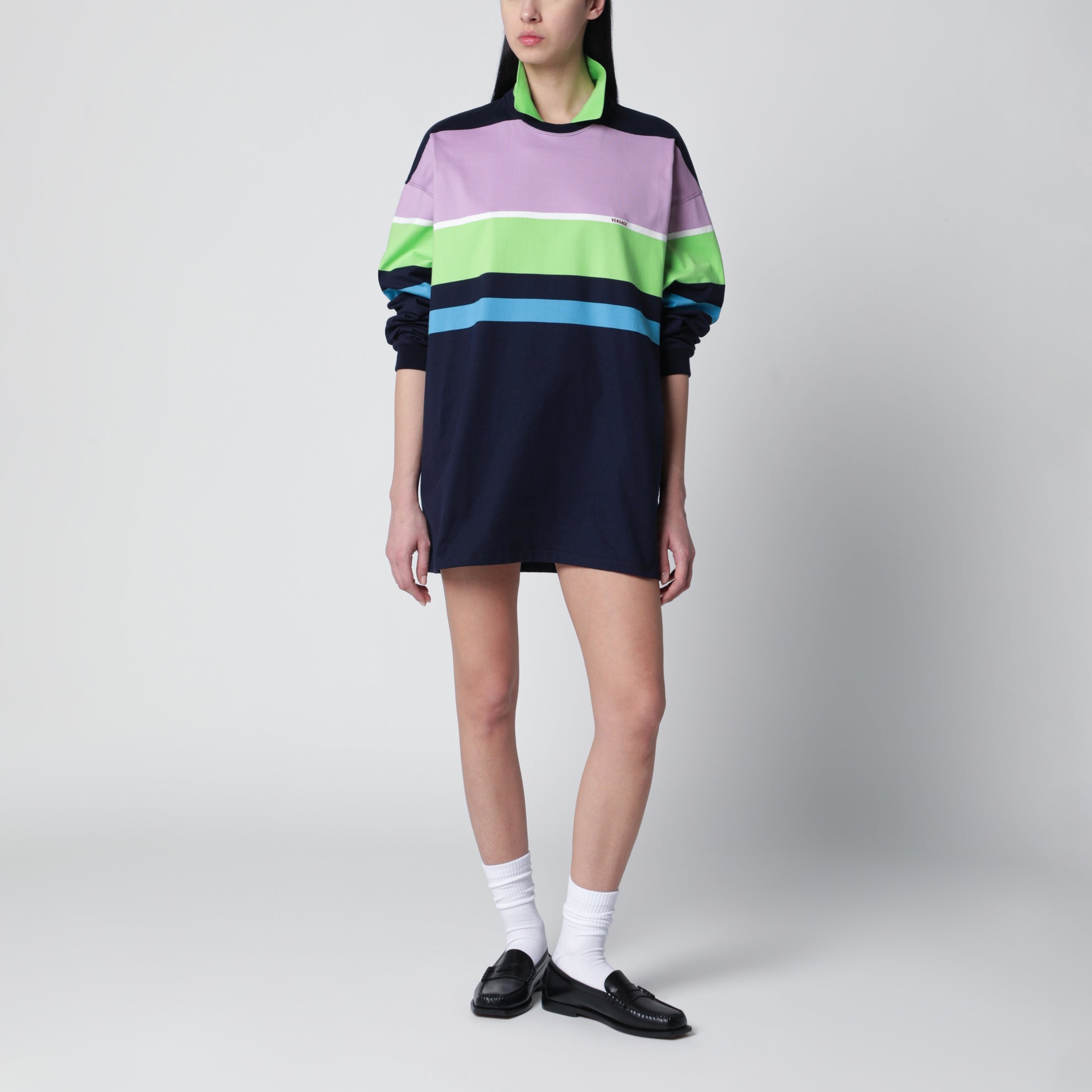 Color-block striped long-sleeve cotton mini dress