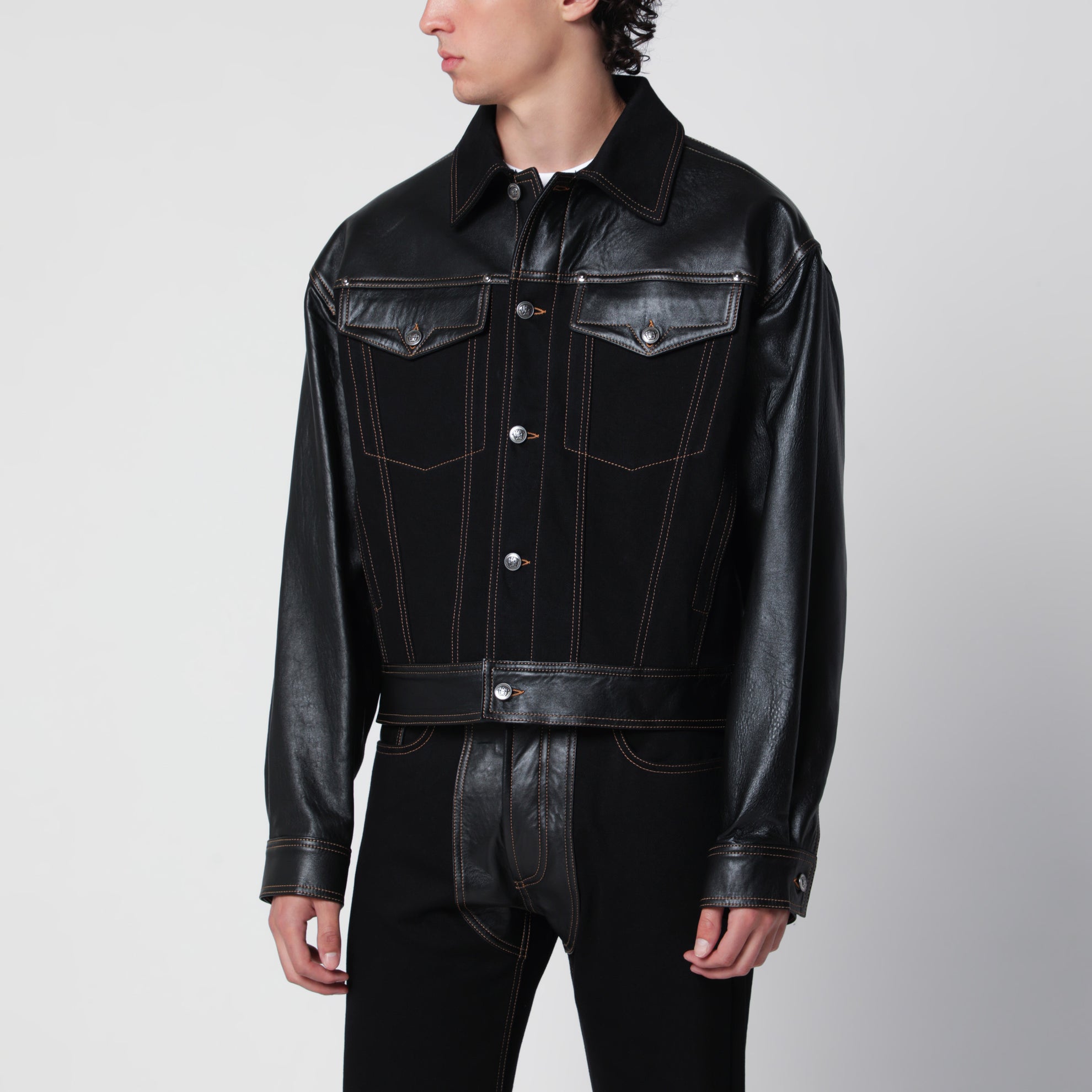 Bomber in denim e pelle nero