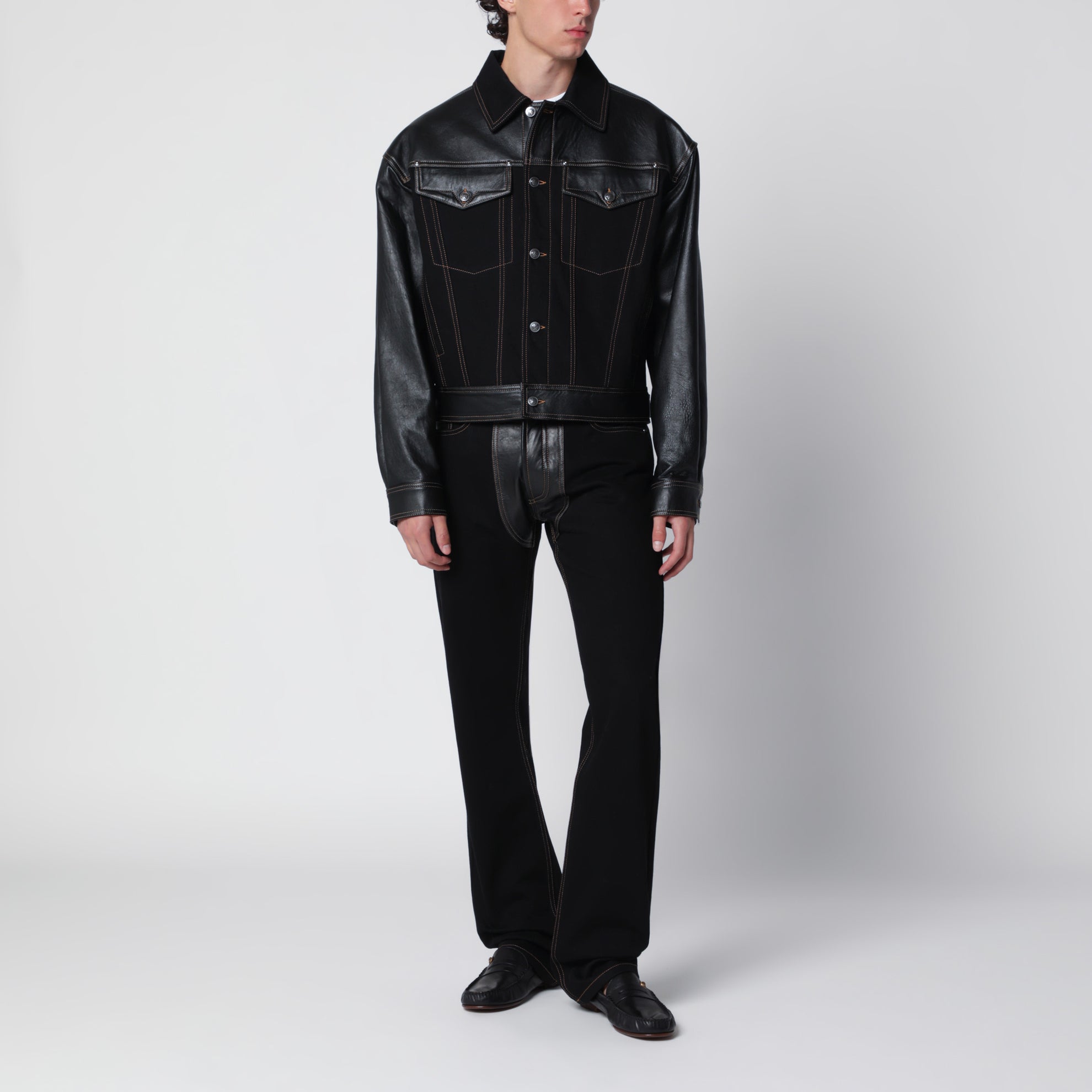 Bomber in denim e pelle nero