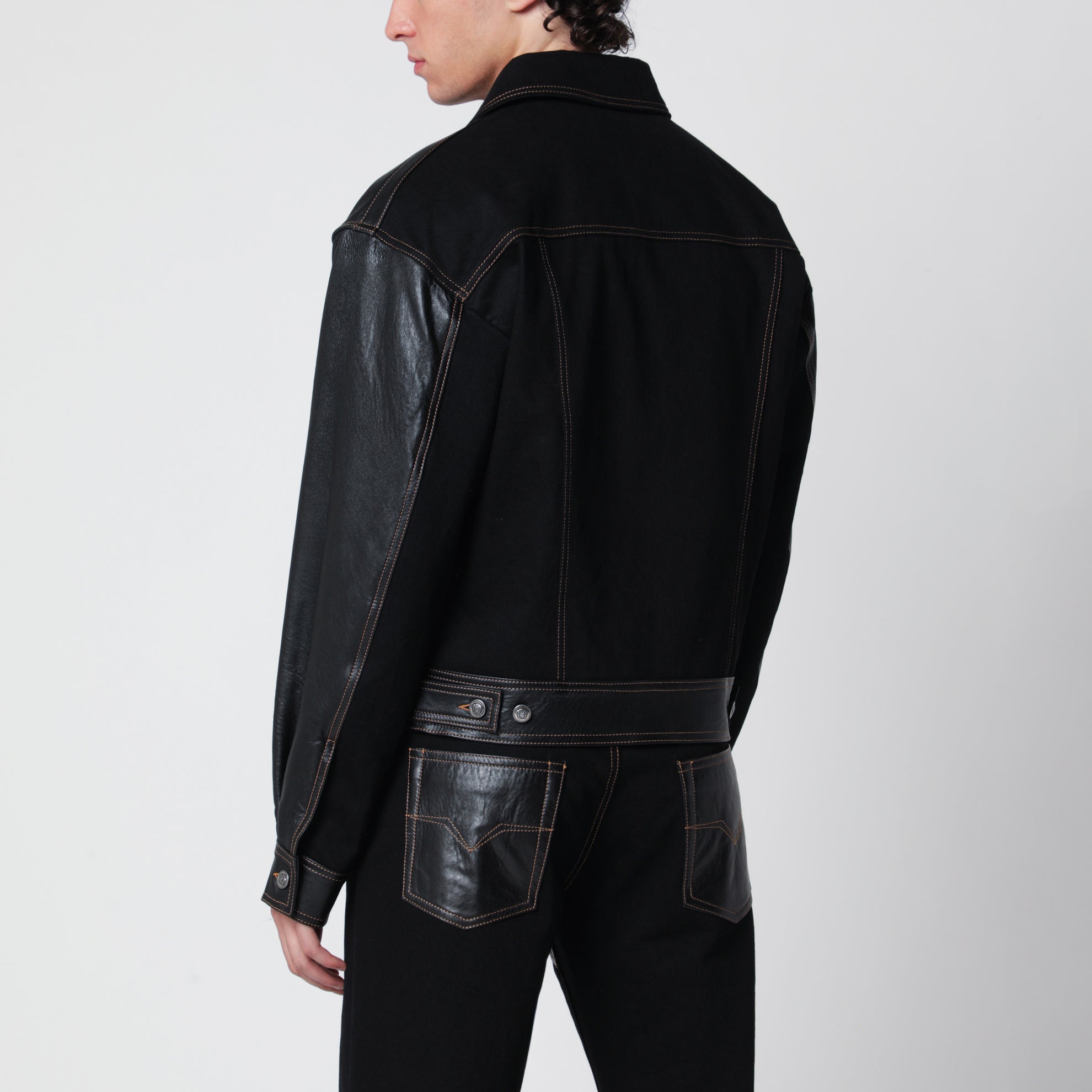 Bomber in denim e pelle nero