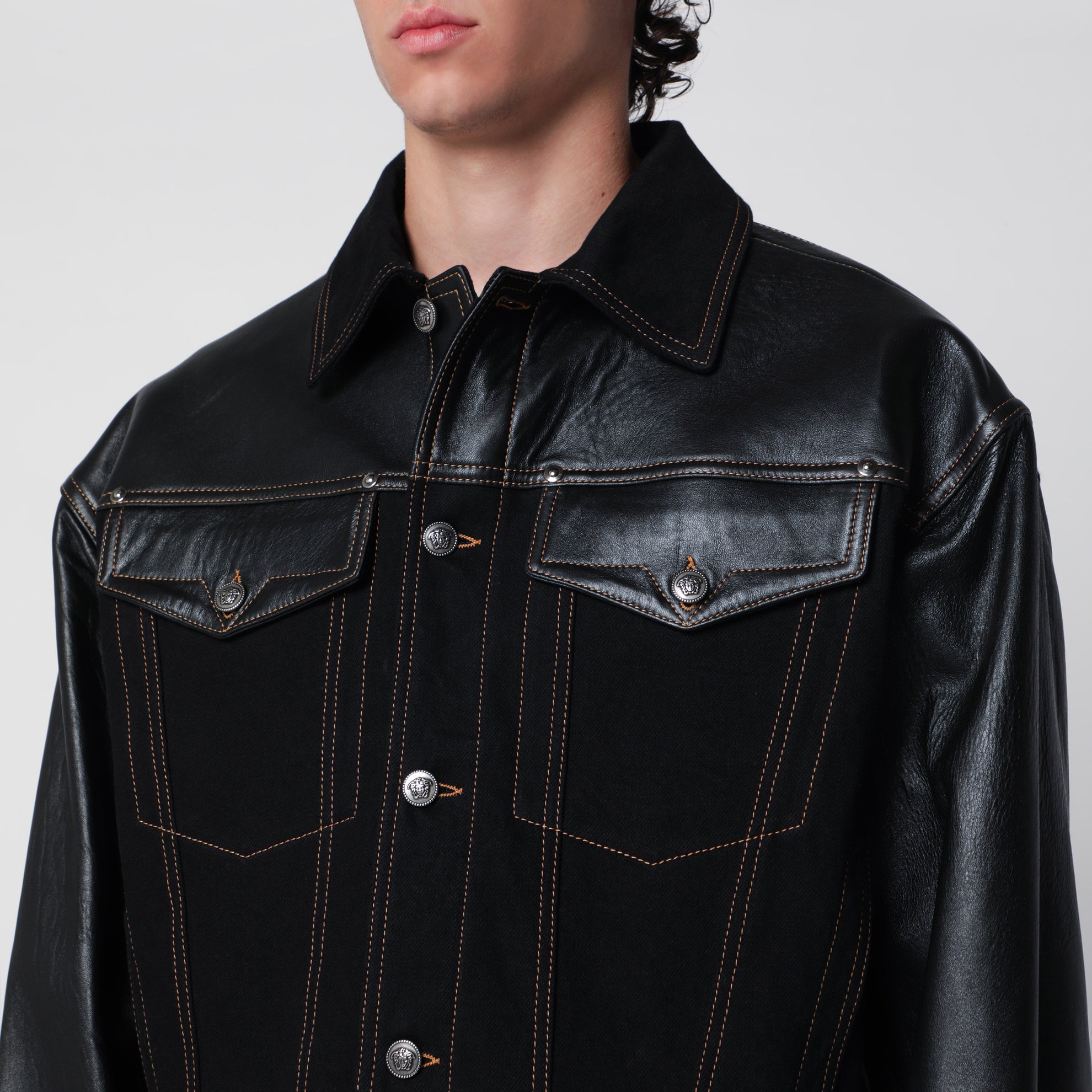 Bomber in denim e pelle nero