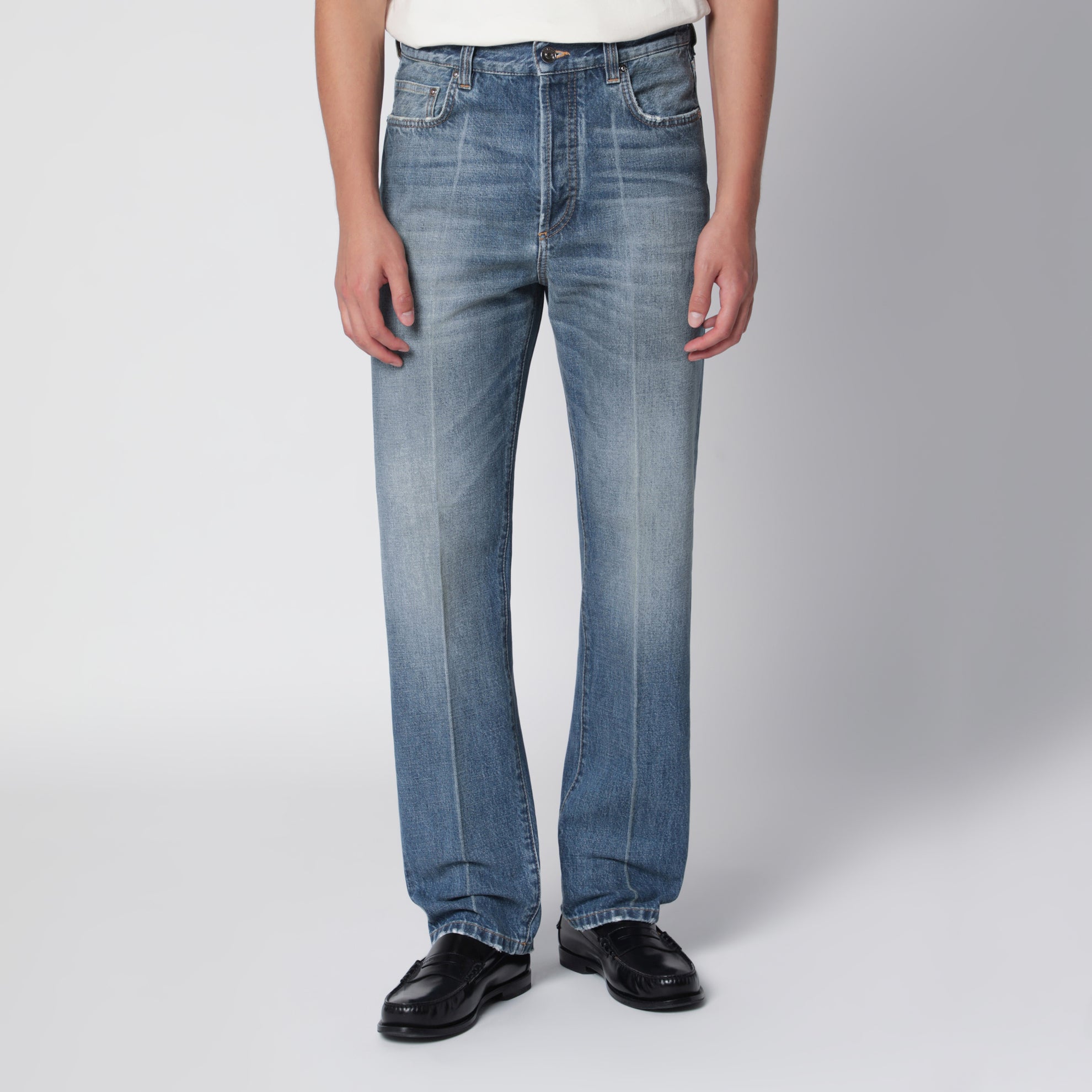 Jeans distressed a gamba dritta in denim blu