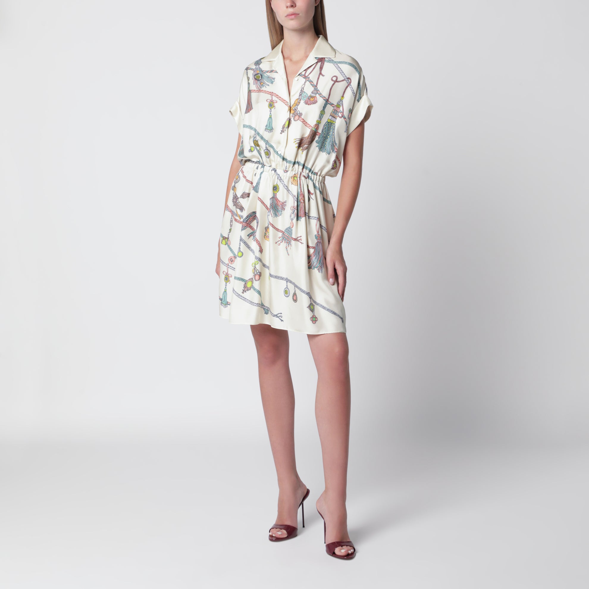 Mini-robe chemise imprimée en twill de soie multicolore