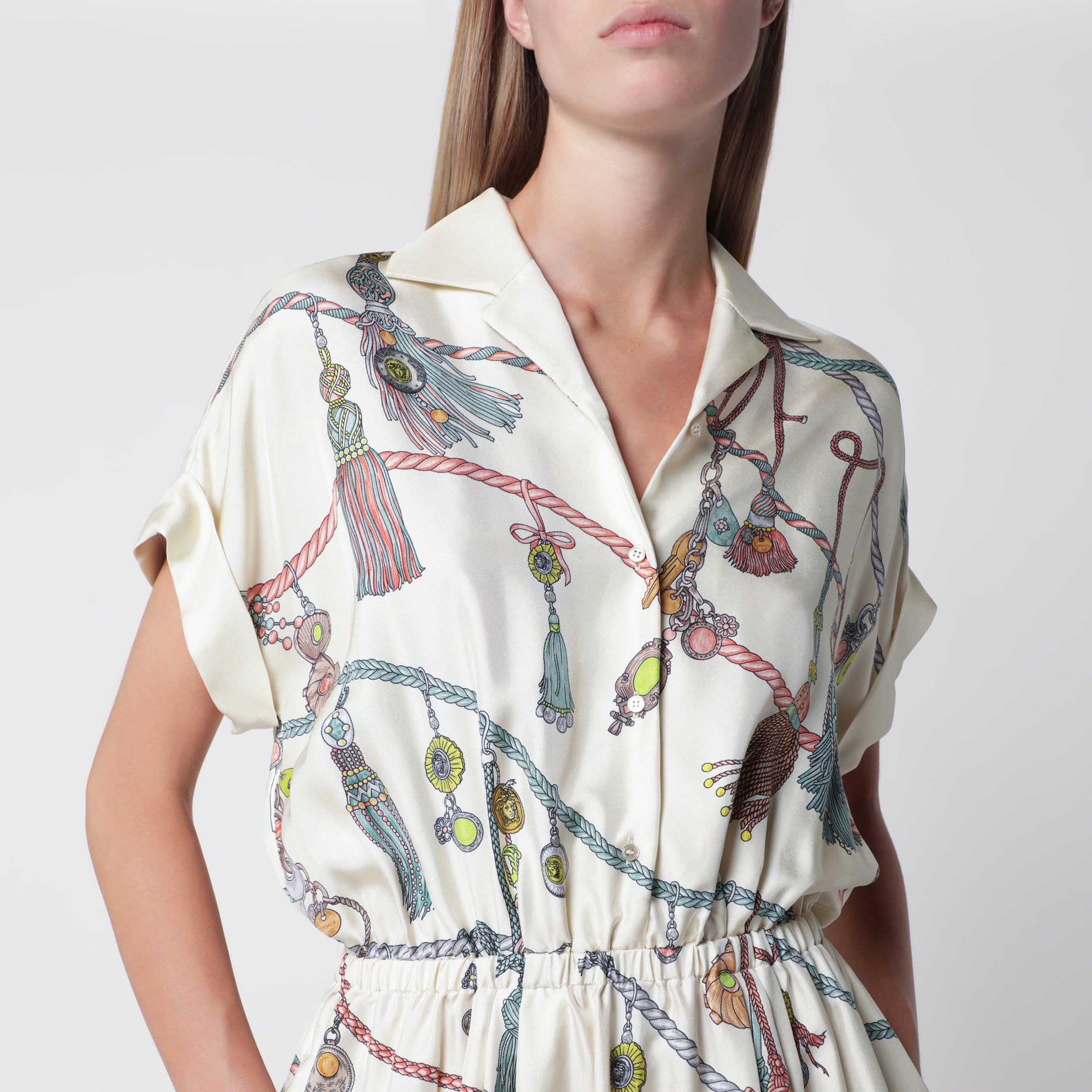 Mini-robe chemise imprimée en twill de soie multicolore