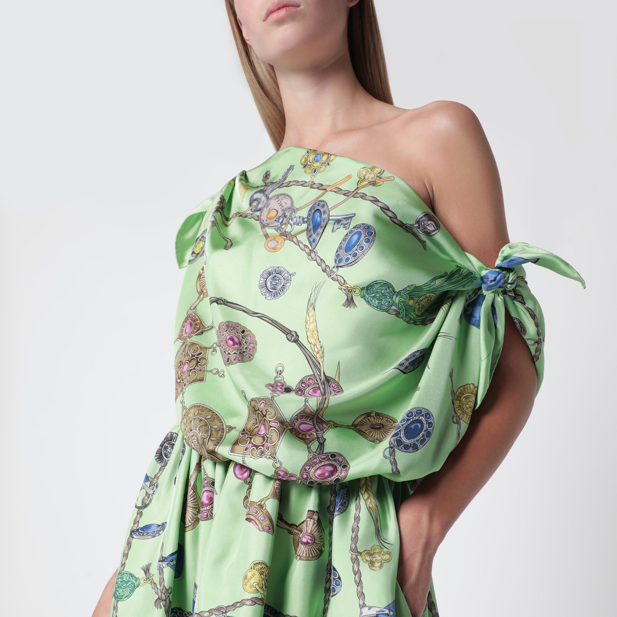 Miniabito stampato in twill di seta verde