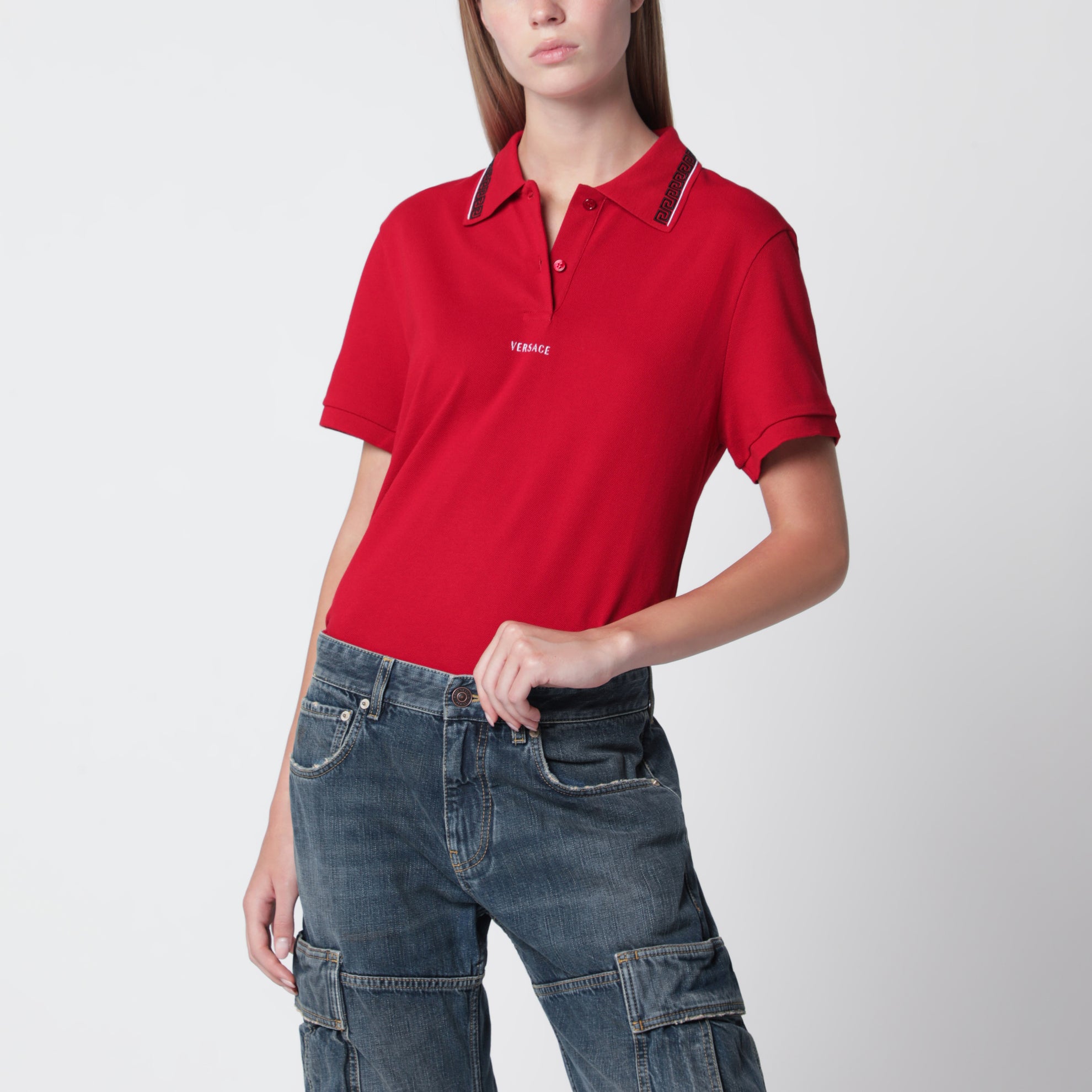 Polo in piqué di cotone con logo ricamato rosso lipstick