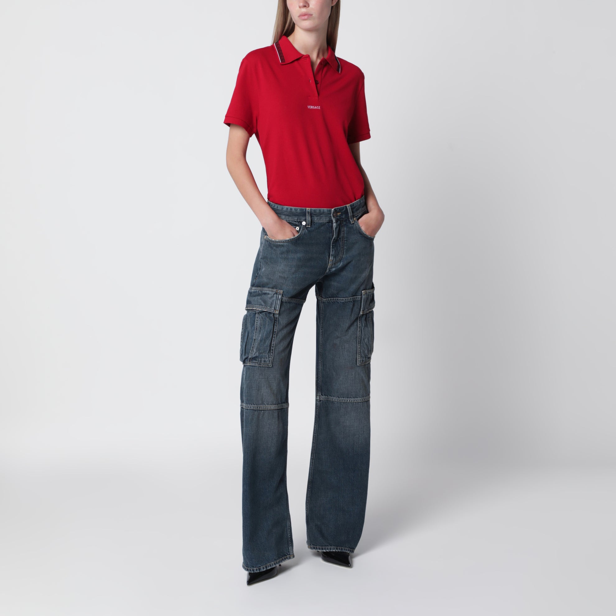 Polo in piqué di cotone con logo ricamato rosso lipstick
