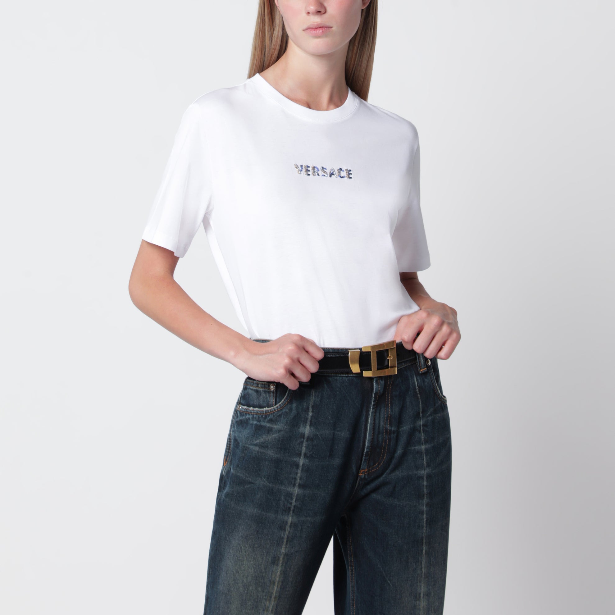 T-shirt slim en jersey de coton à logo brodé blanc