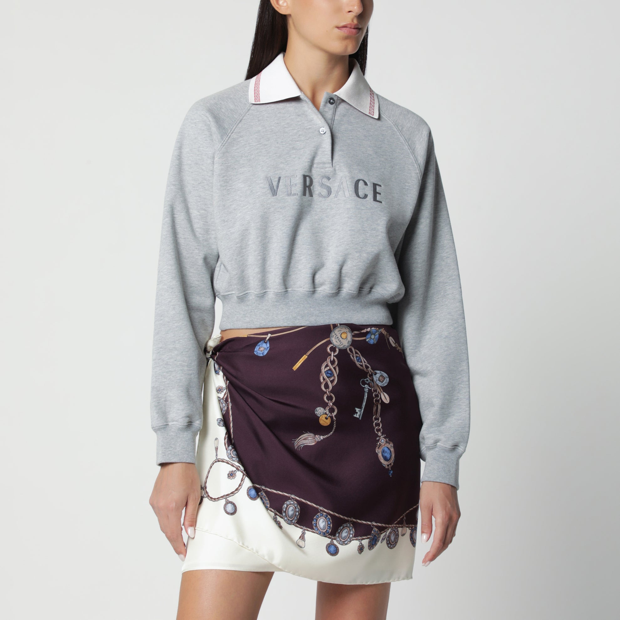 Felpa polo cropped grigia in cotone