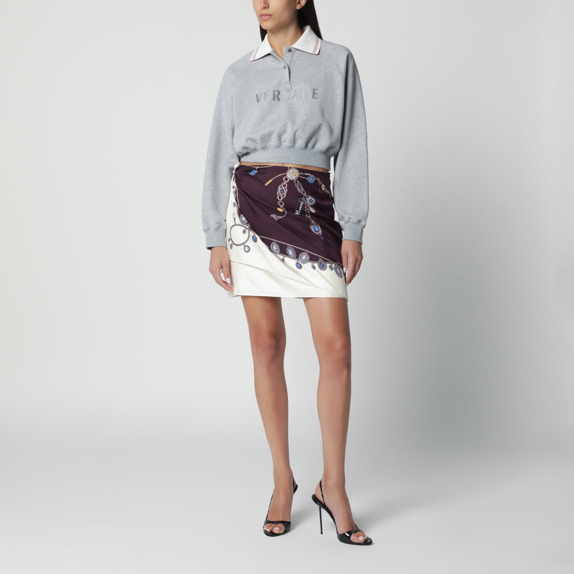 Felpa polo cropped grigia in cotone