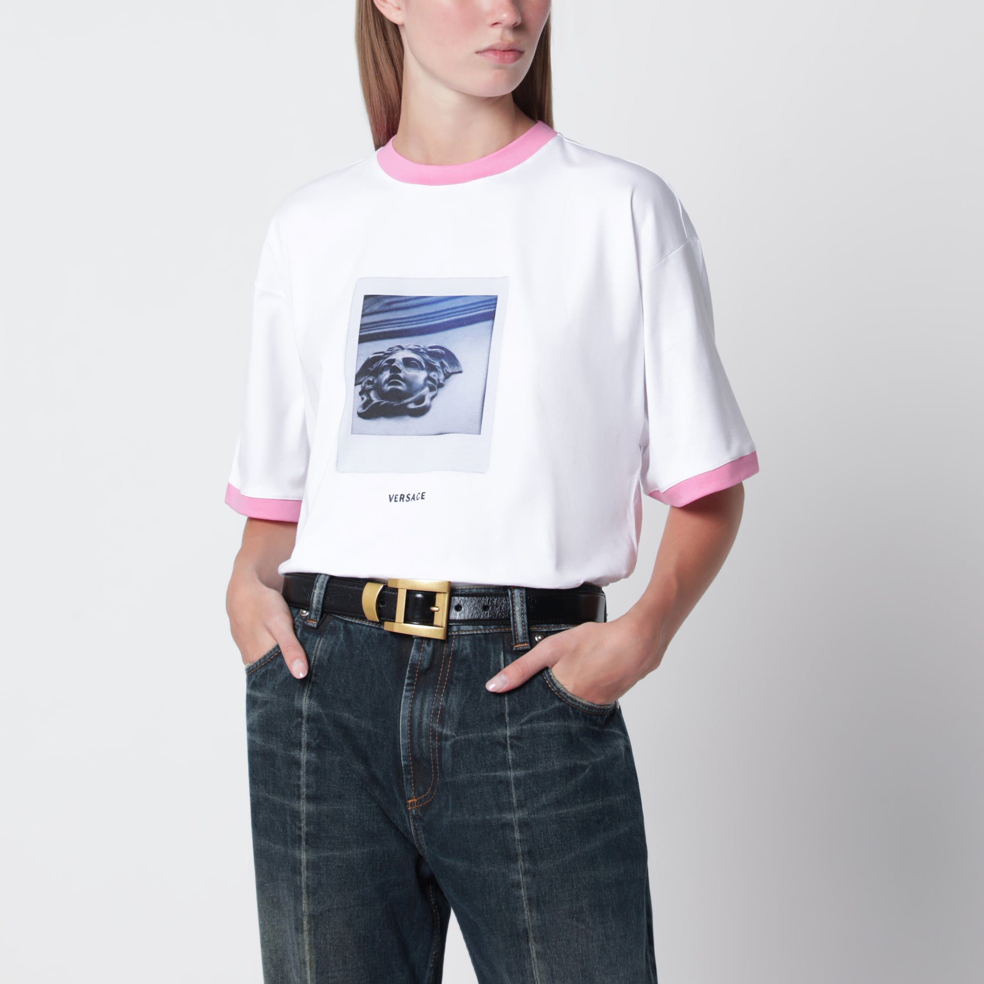 T-shirt en jersey de coton imprimé blanc et goyave