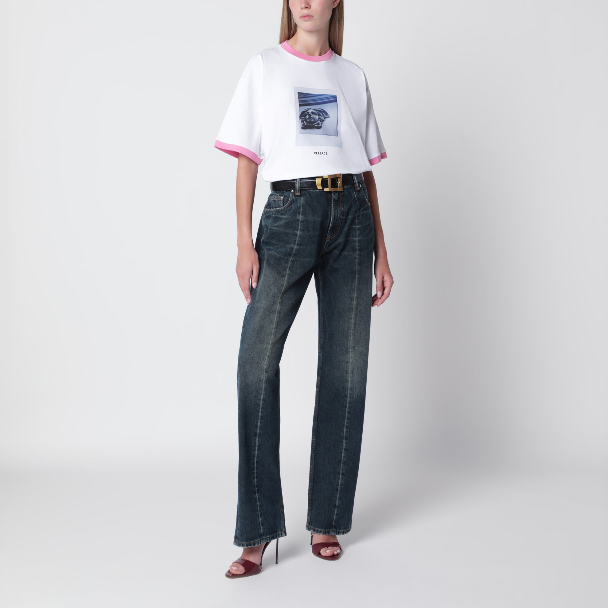 T-shirt en jersey de coton imprimé blanc et goyave