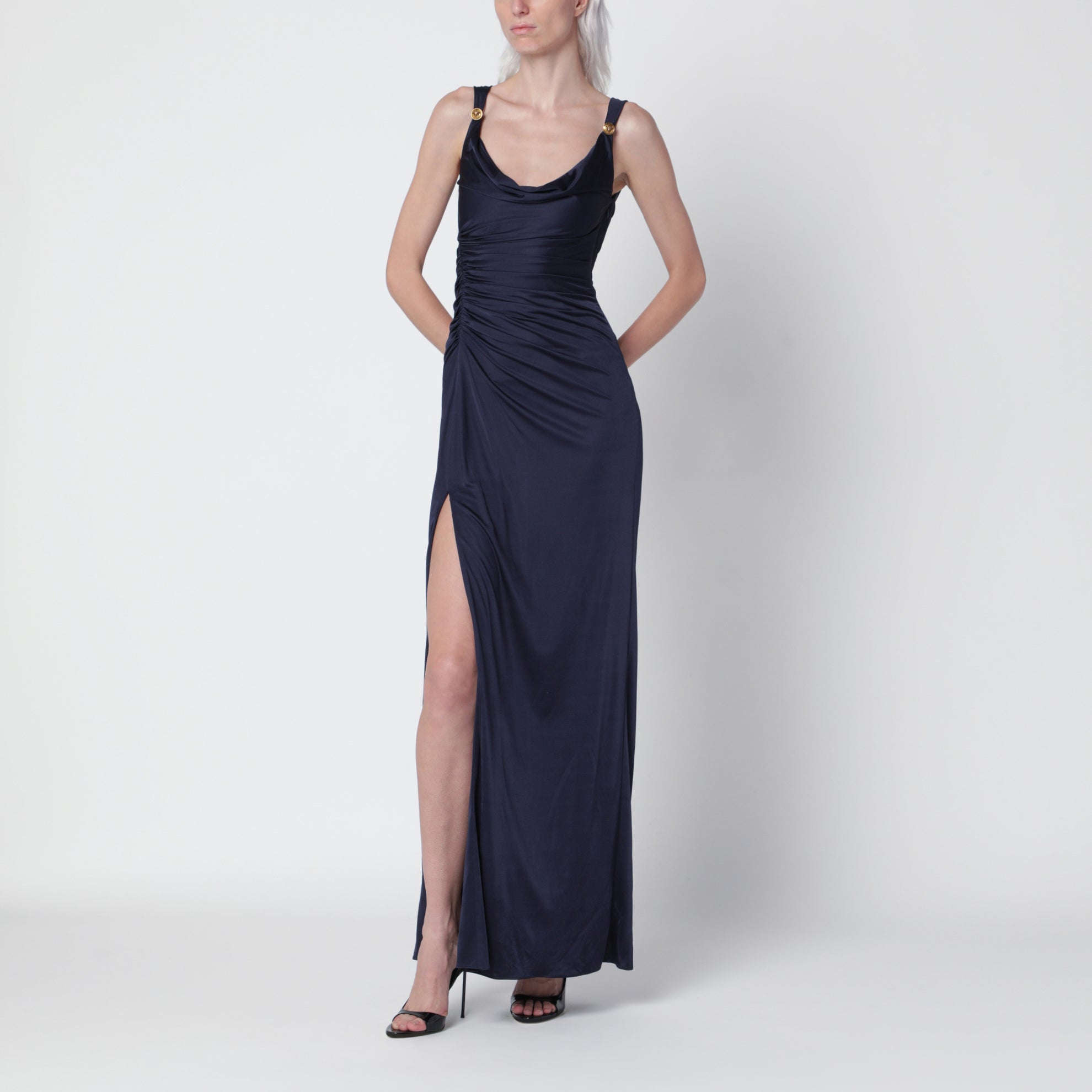 Navy blue viscose jersey evening dress