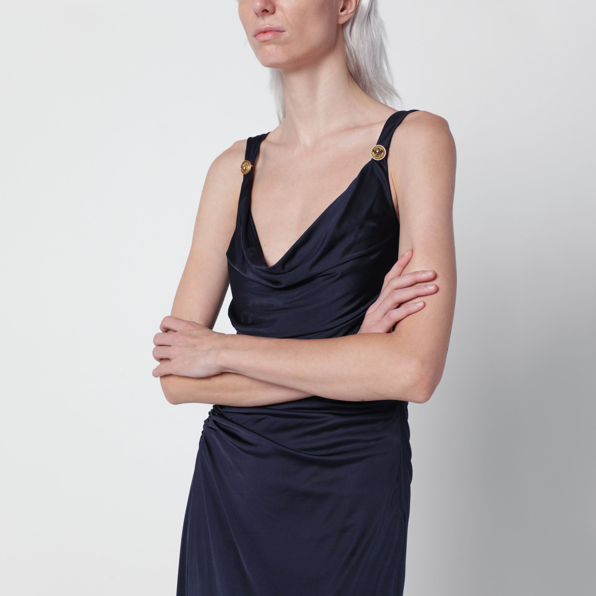 Navy blue viscose jersey evening dress