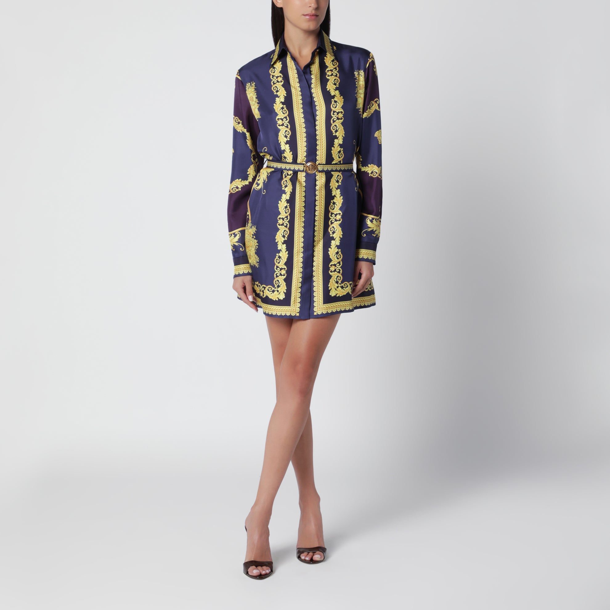 Mini-Hemdkleid in Aubergine mit Barock-Print