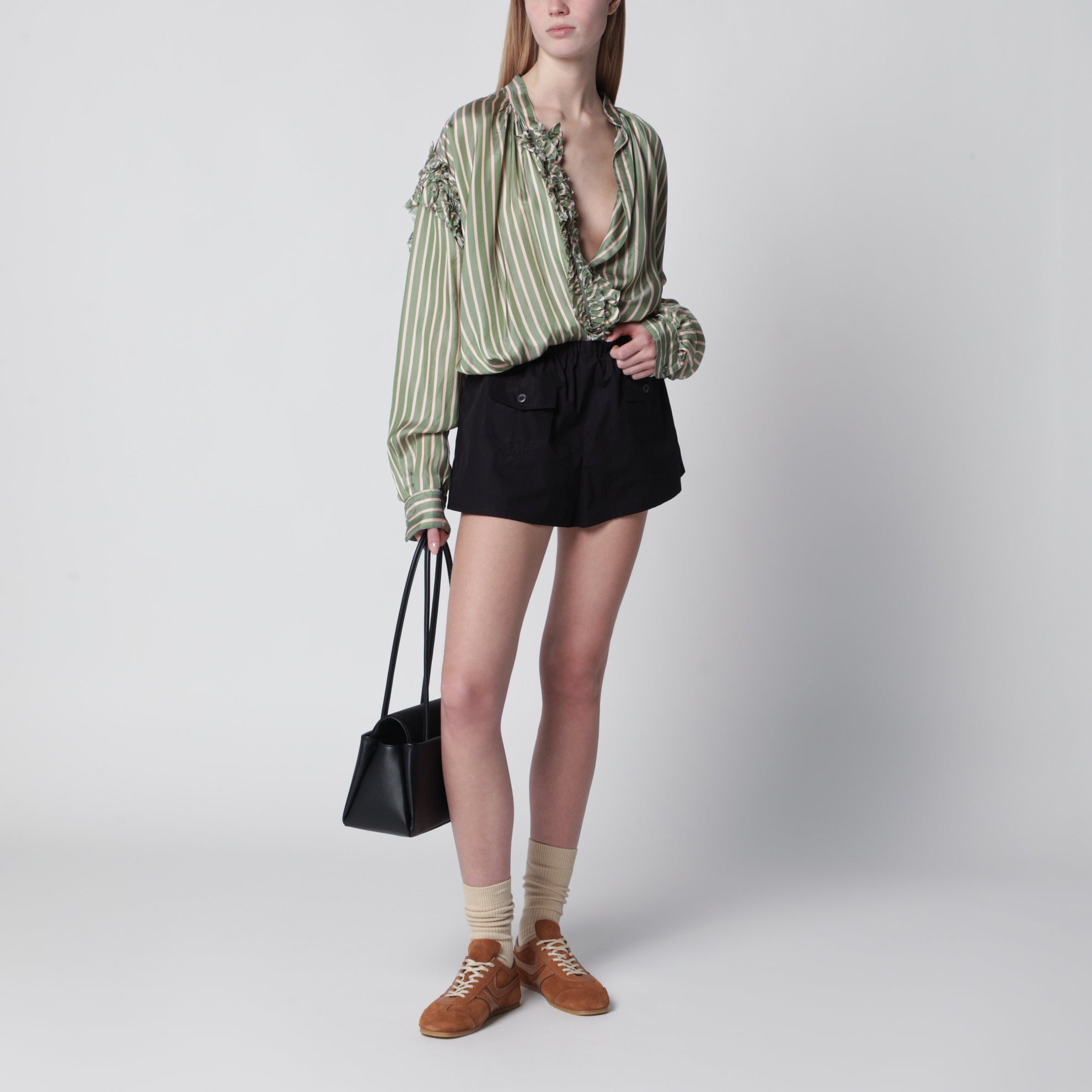 Camicia incrociata verde a righe in cupro
