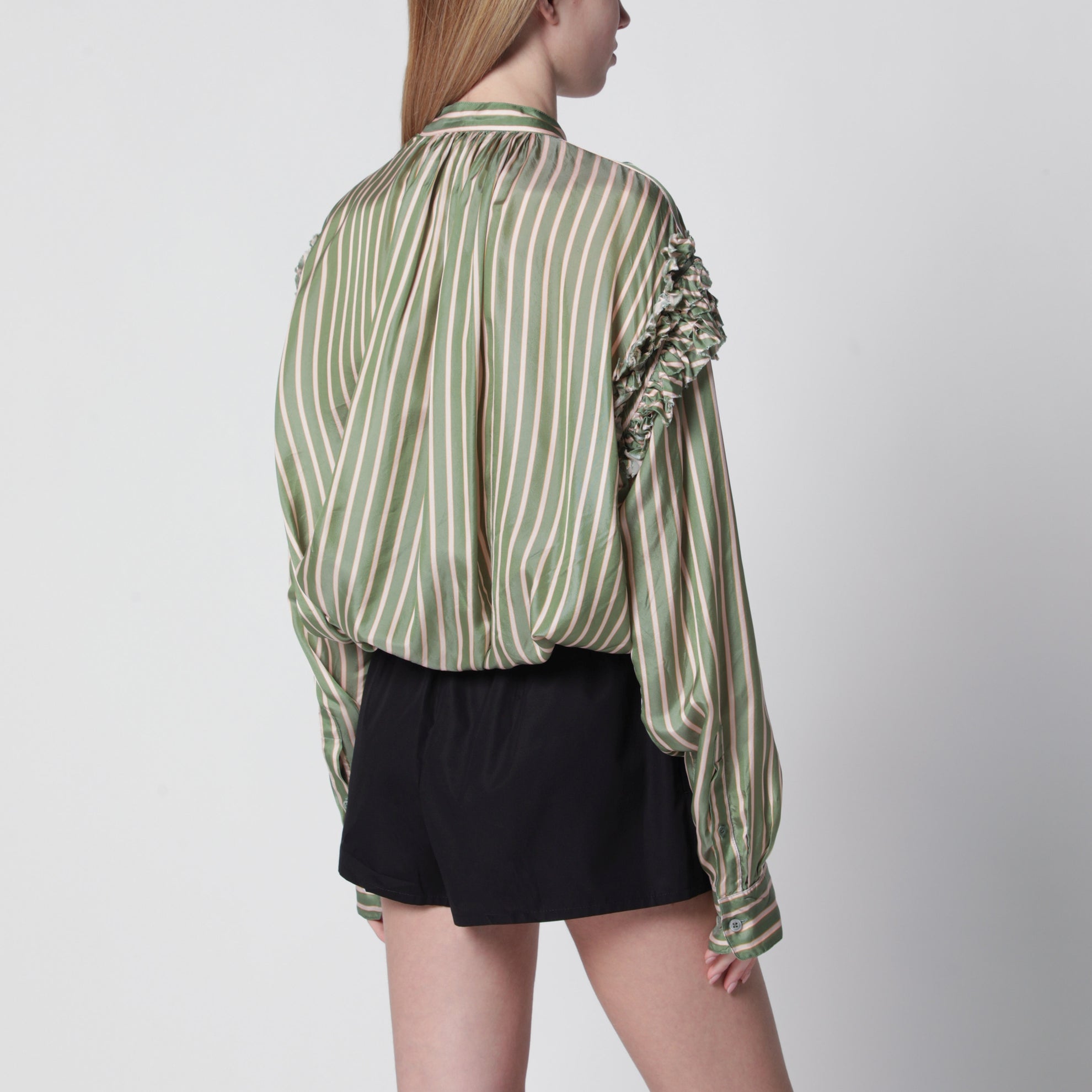 Camicia incrociata verde a righe in cupro