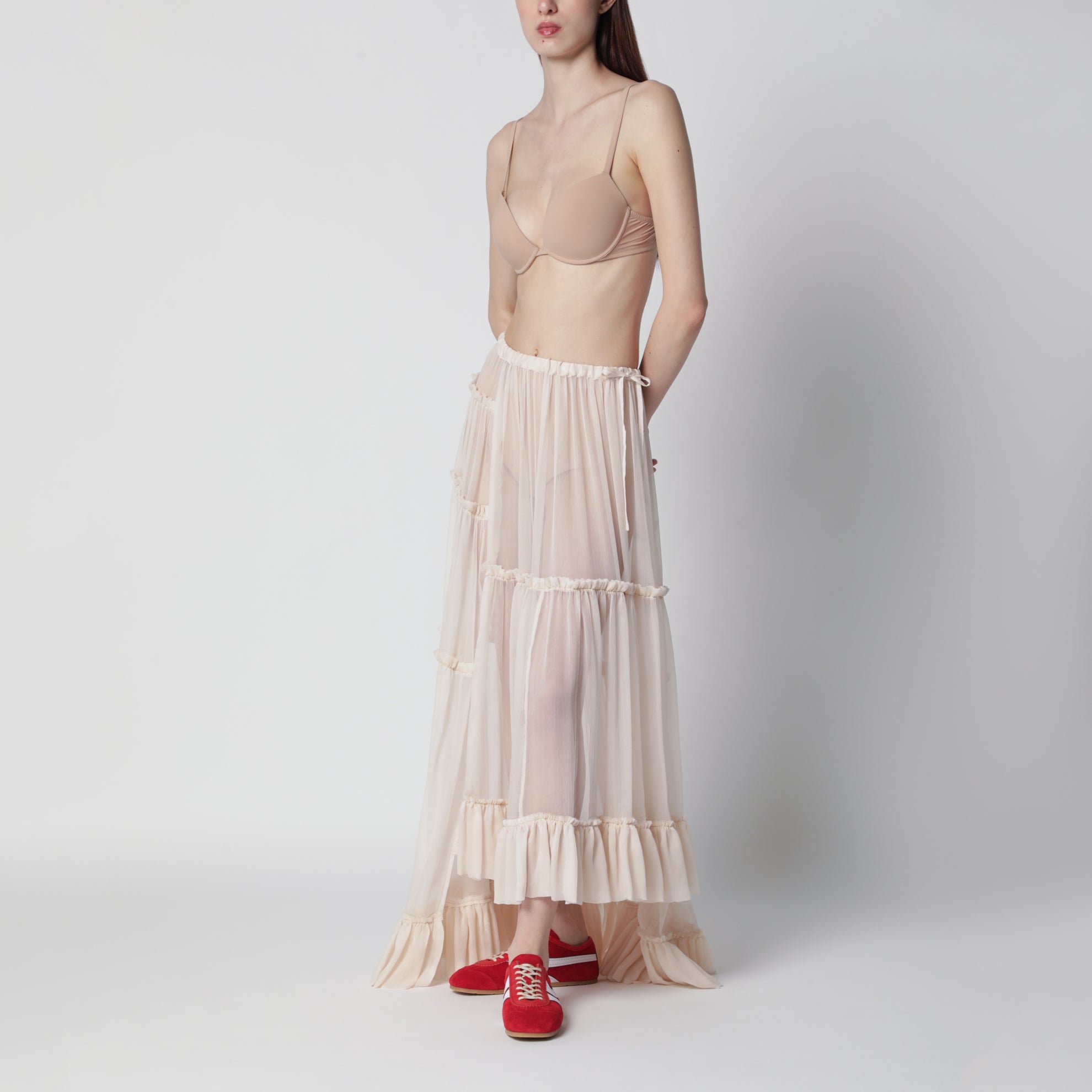 Écru semi-sheer silk skirt