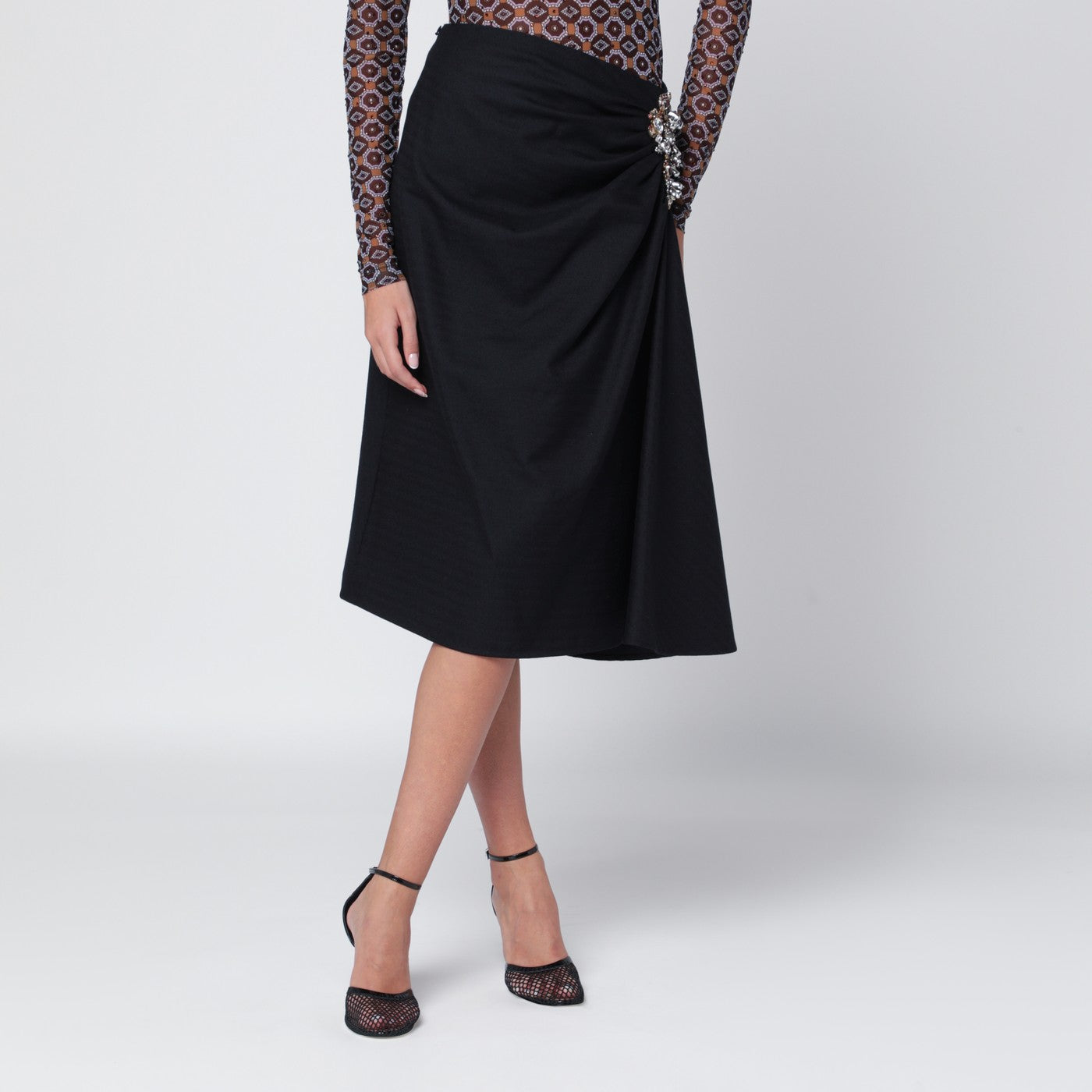 Dries Van Noten Navy blue draped skirt with brooch | TheDoubleF