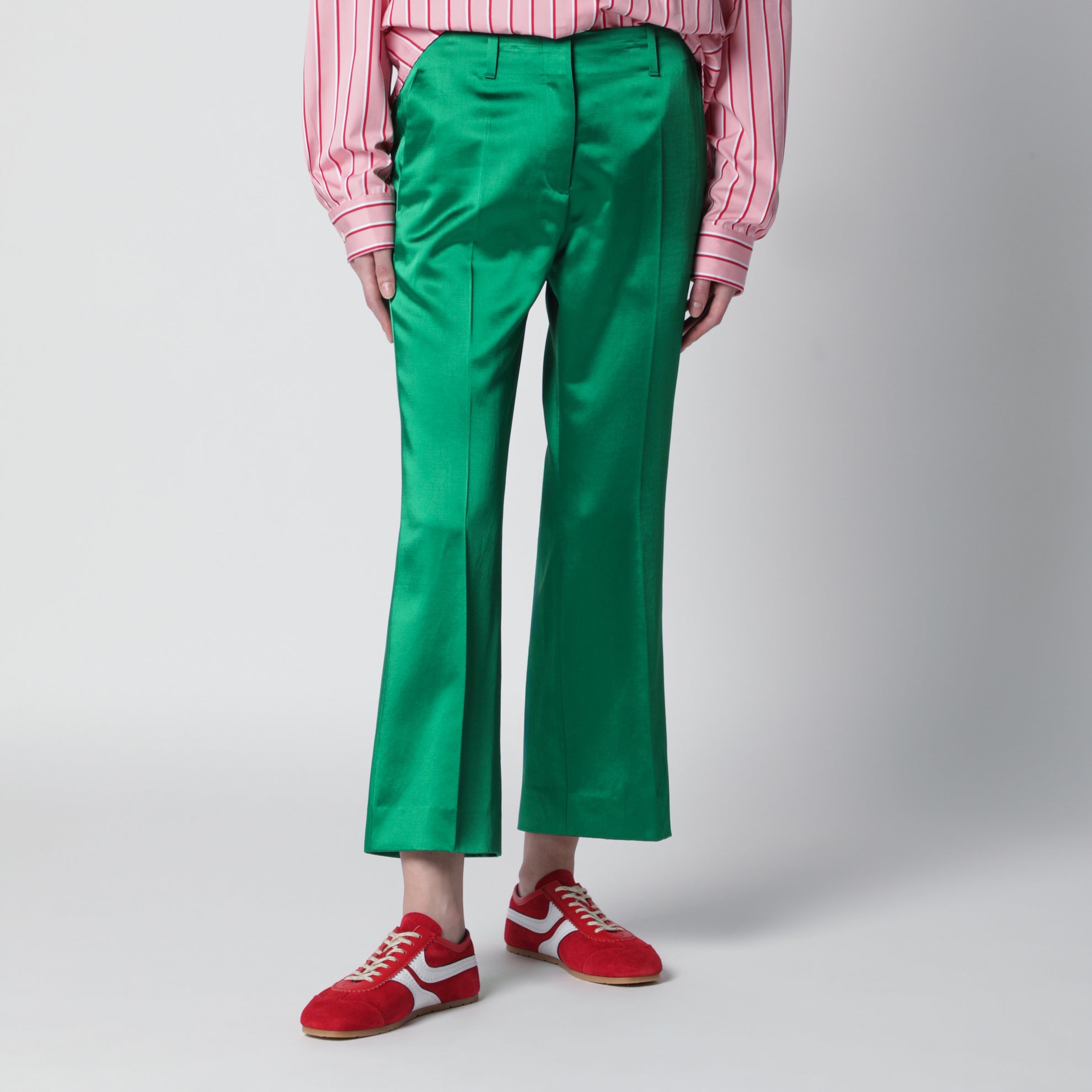 Shiny green cotton-blend trousers