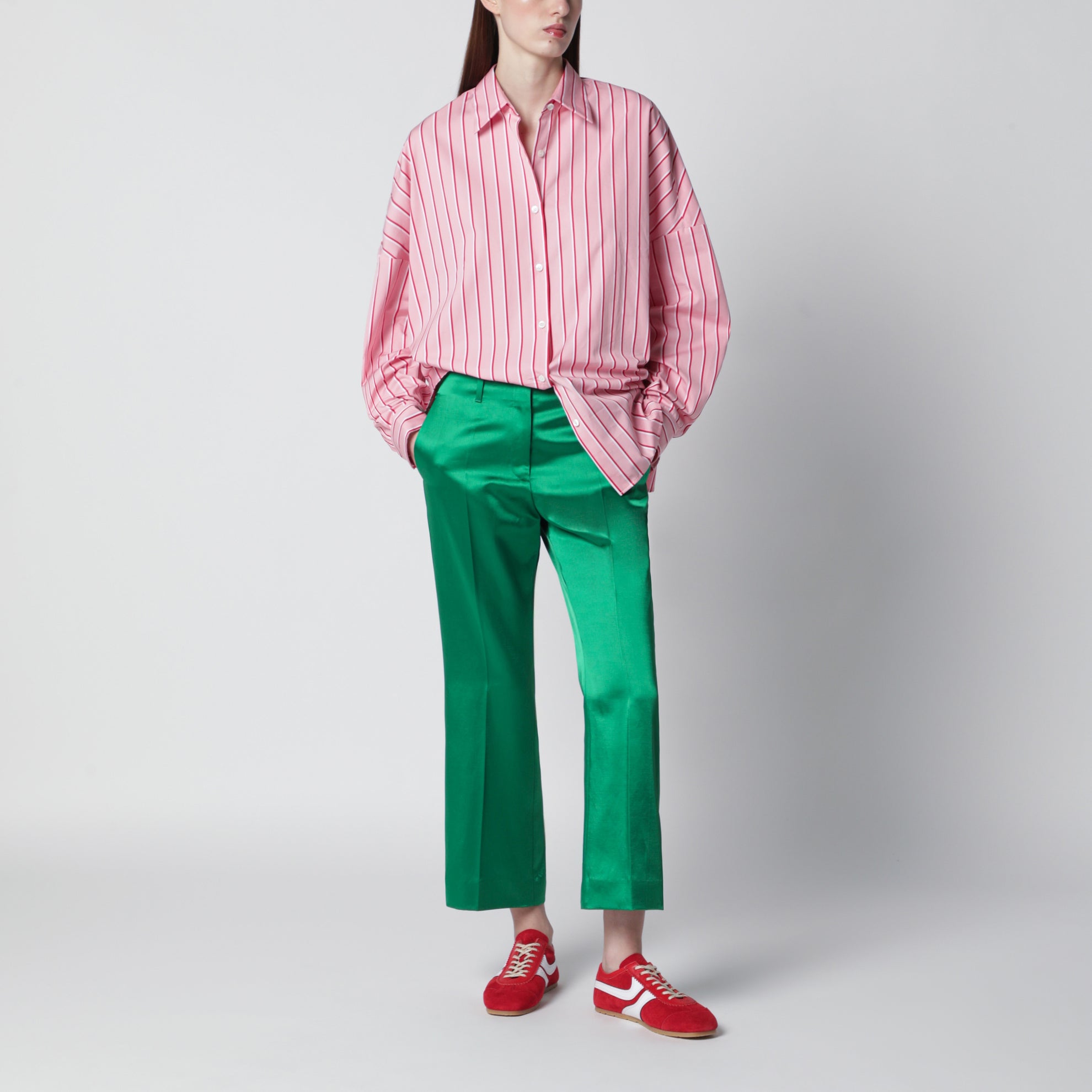 Shiny green cotton-blend trousers