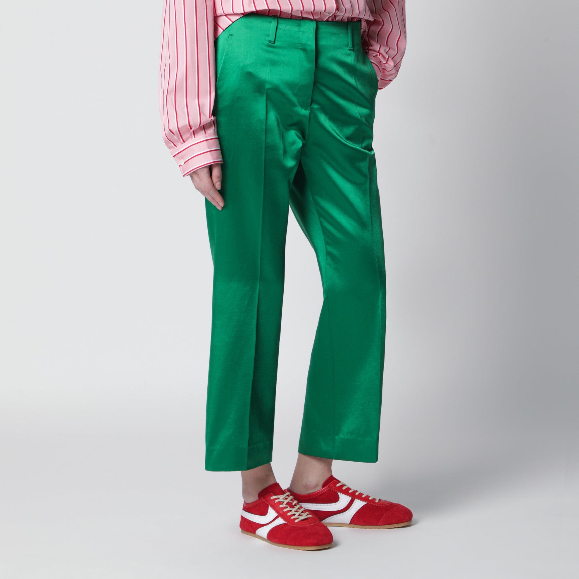 Shiny green cotton-blend trousers