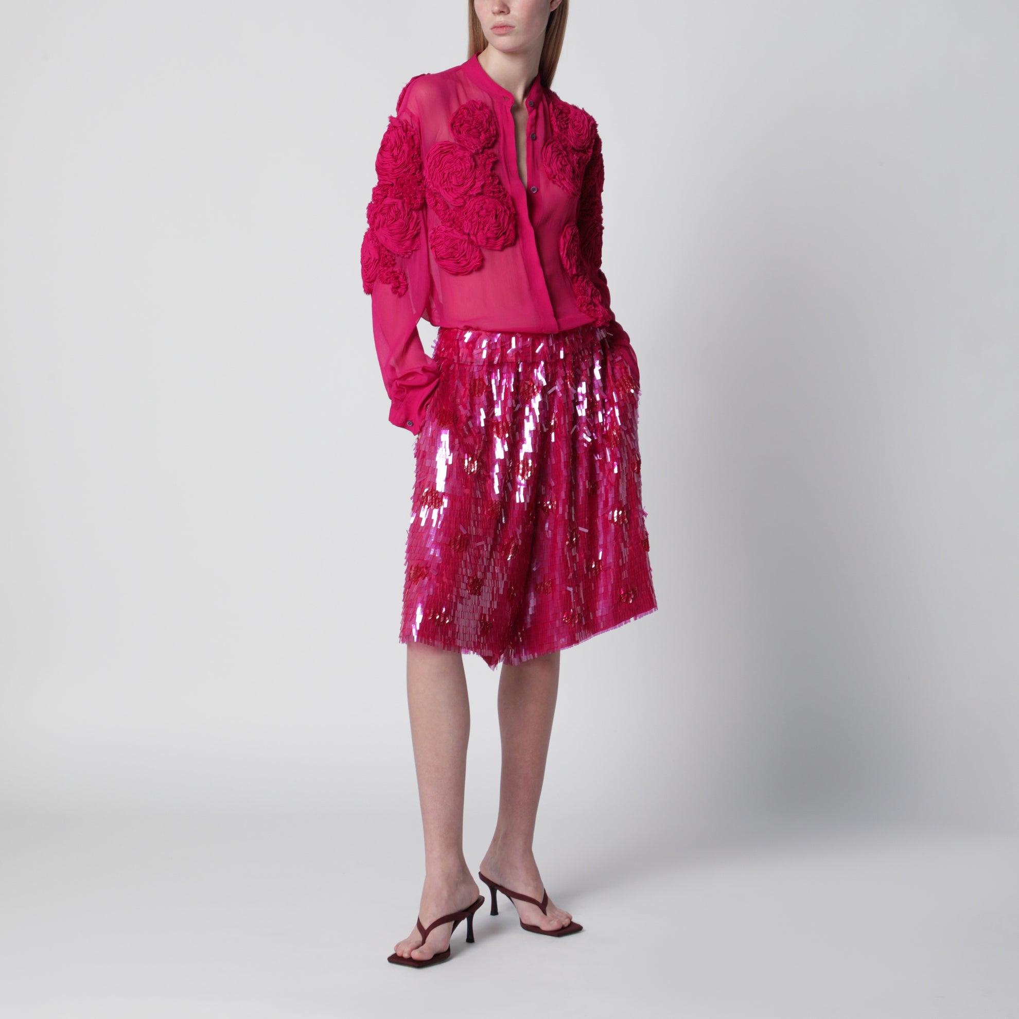 Bermuda fucsia in seta con paillettes