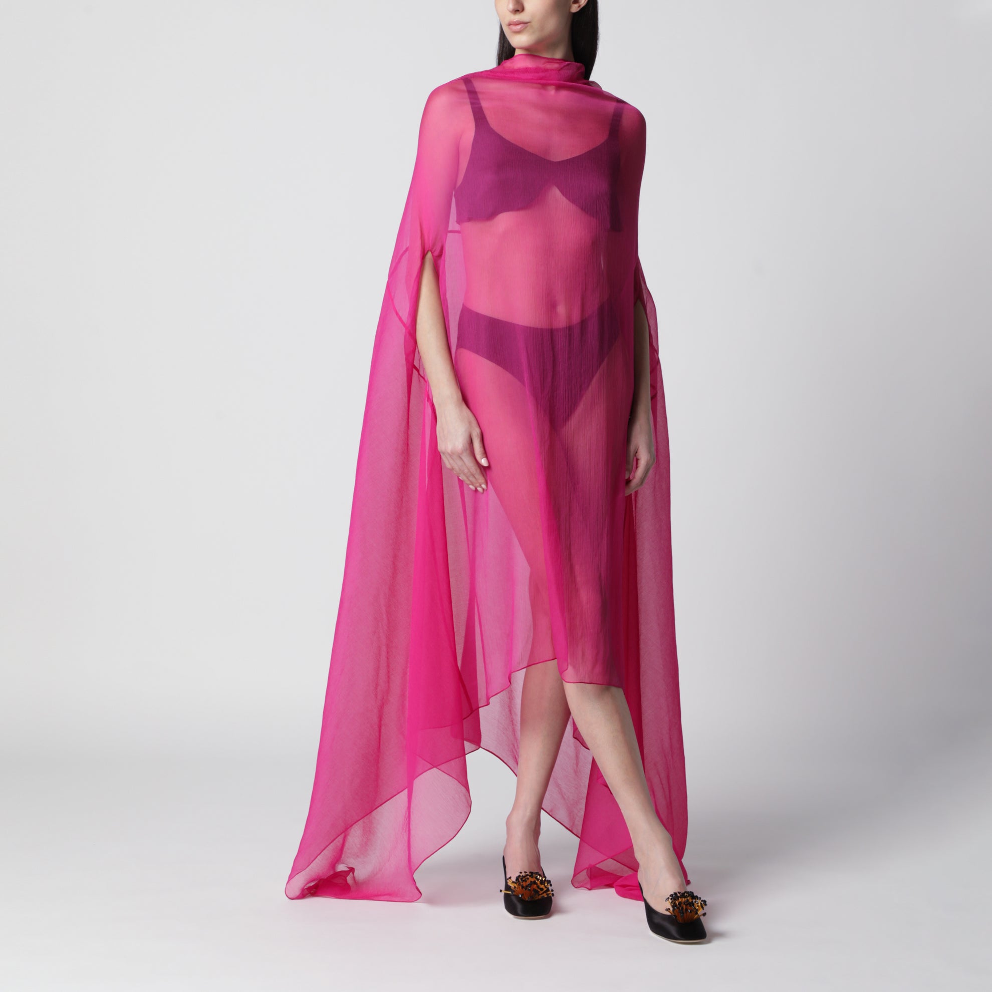 Robe cape large Fuchsia en Soie Transparente