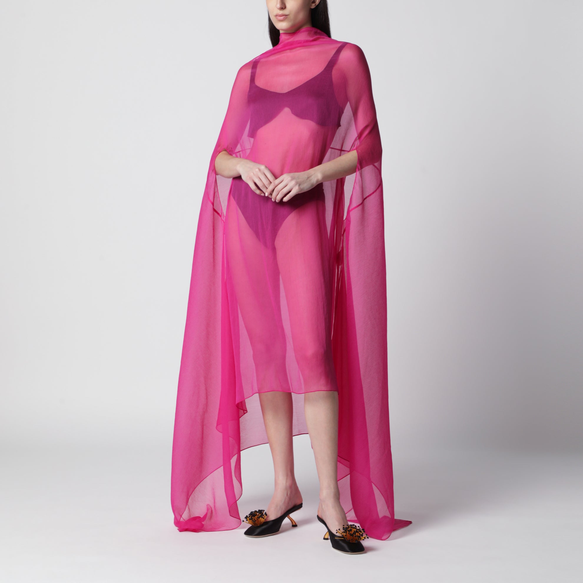 Robe cape large Fuchsia en Soie Transparente