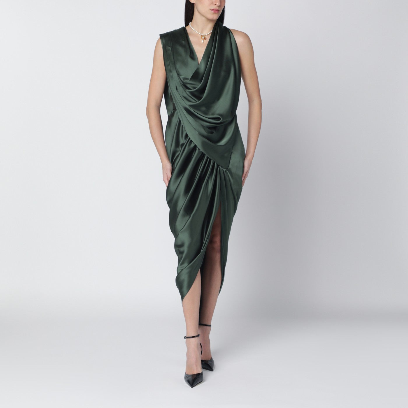 Green satin draped midi dress
