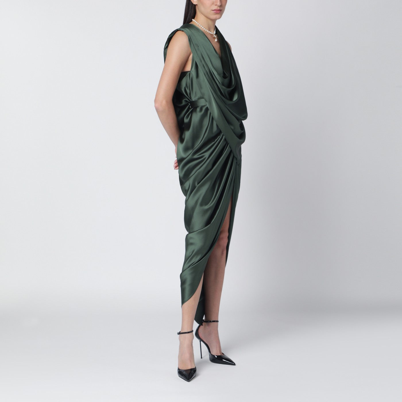 Green satin draped midi dress
