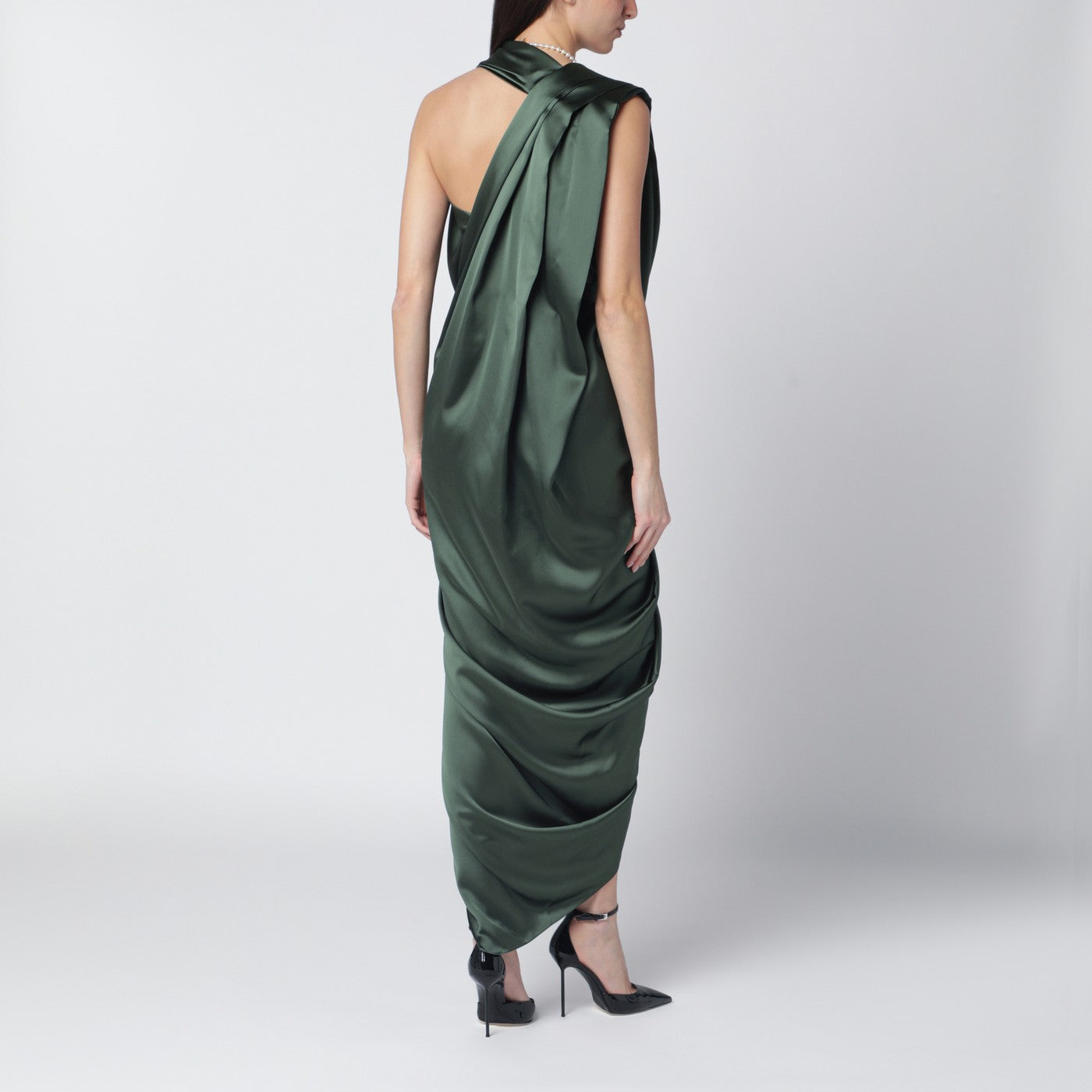 Green satin draped midi dress