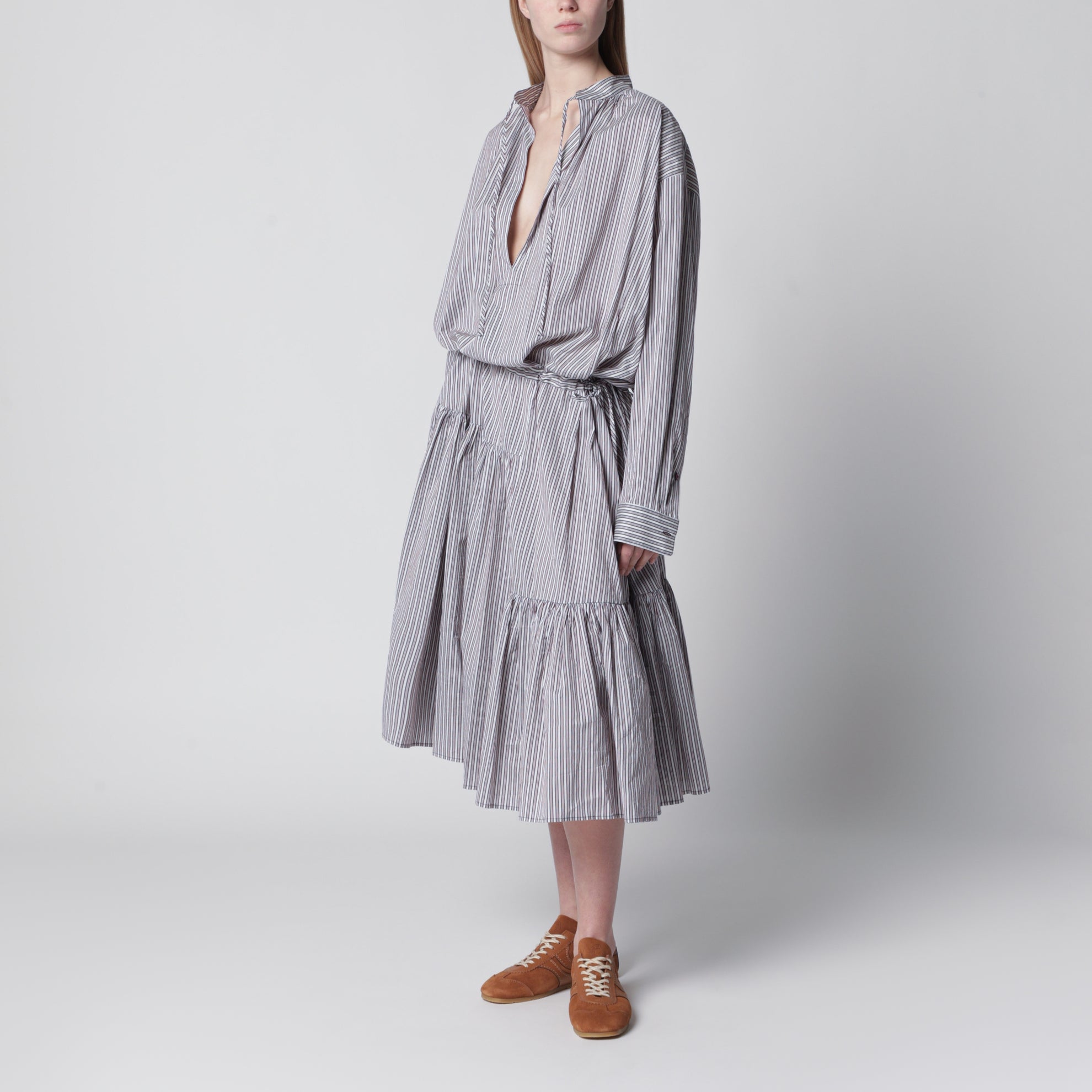 Gestreiftes Hemdblusenkleid aus Baumwolle und Seide