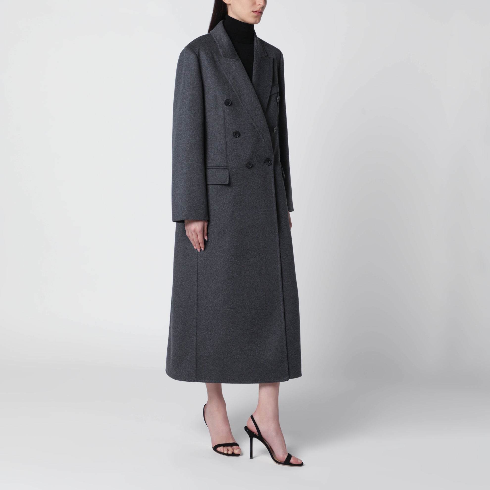 Double-breasted coat in grey mélange wool and cashmere