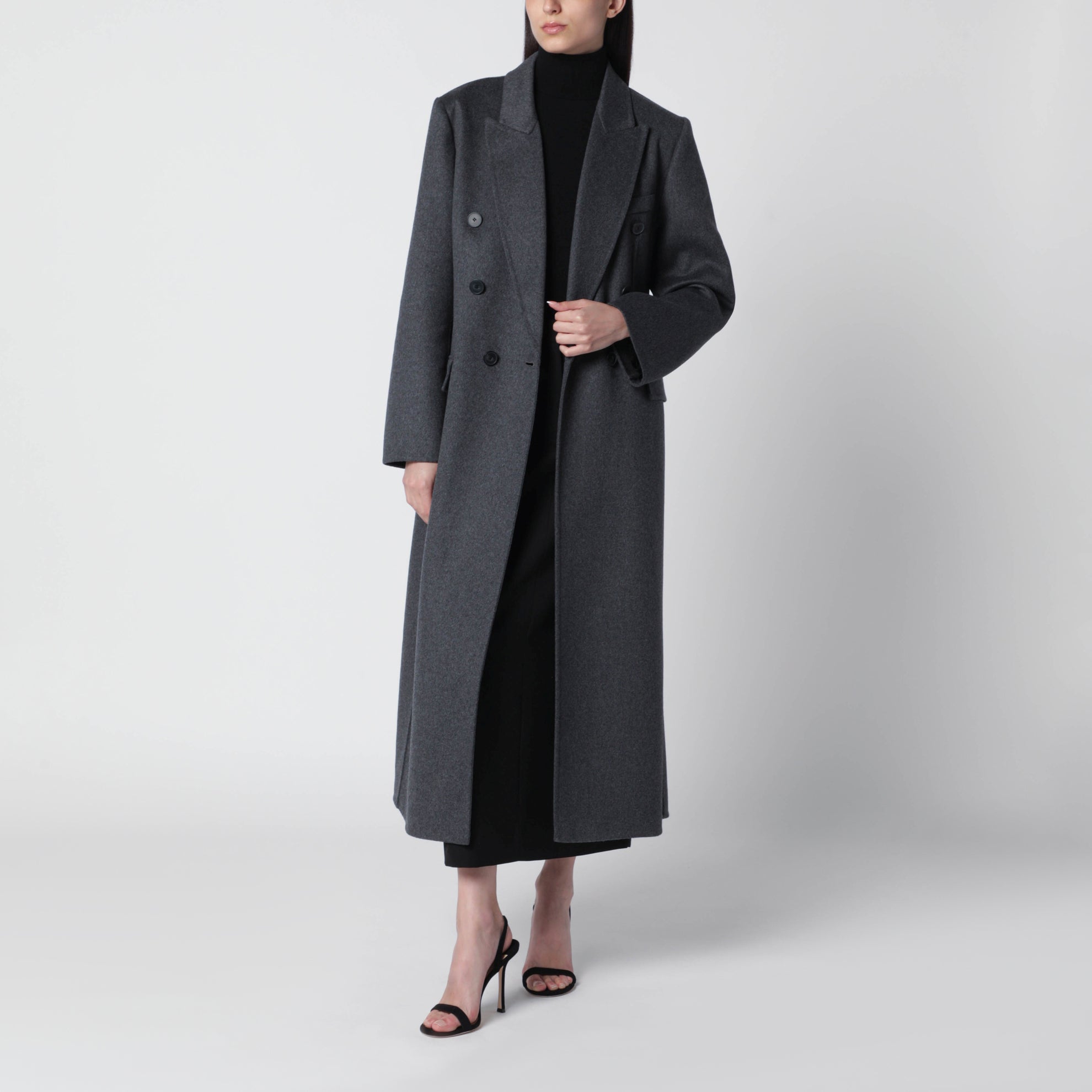 Double-breasted coat in grey mélange wool and cashmere